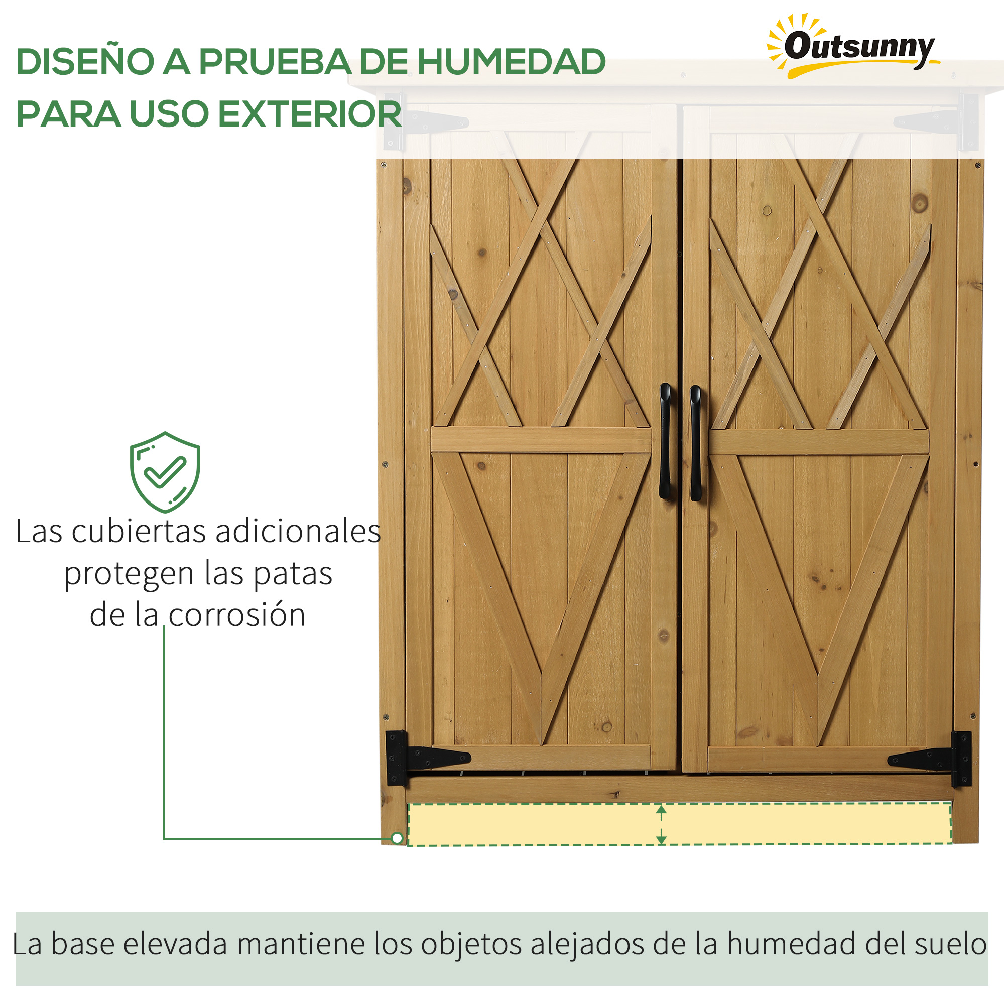 Armario de madera con puertas de patrón cruzado, base elevada y logo Outsunny.