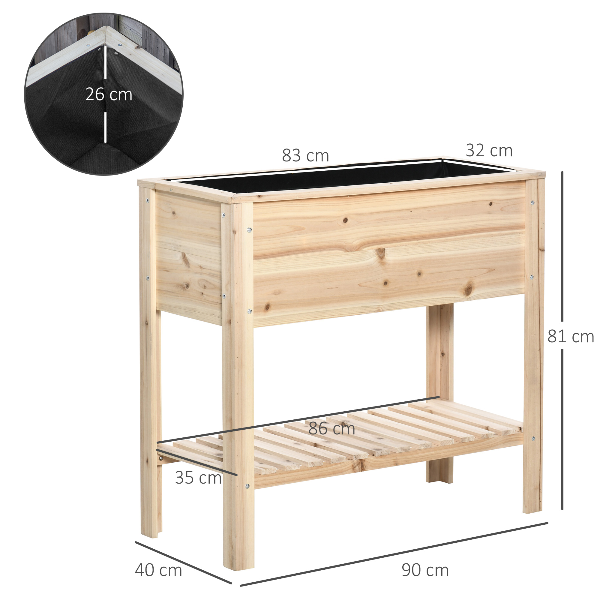 Un bancal elevado de madera con estante, se muestran las dimensiones.