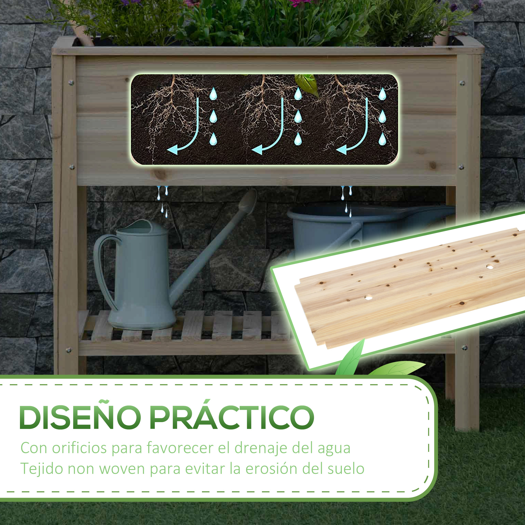 Diseño práctico de bancal de madera con drenaje y tejido no tejido.