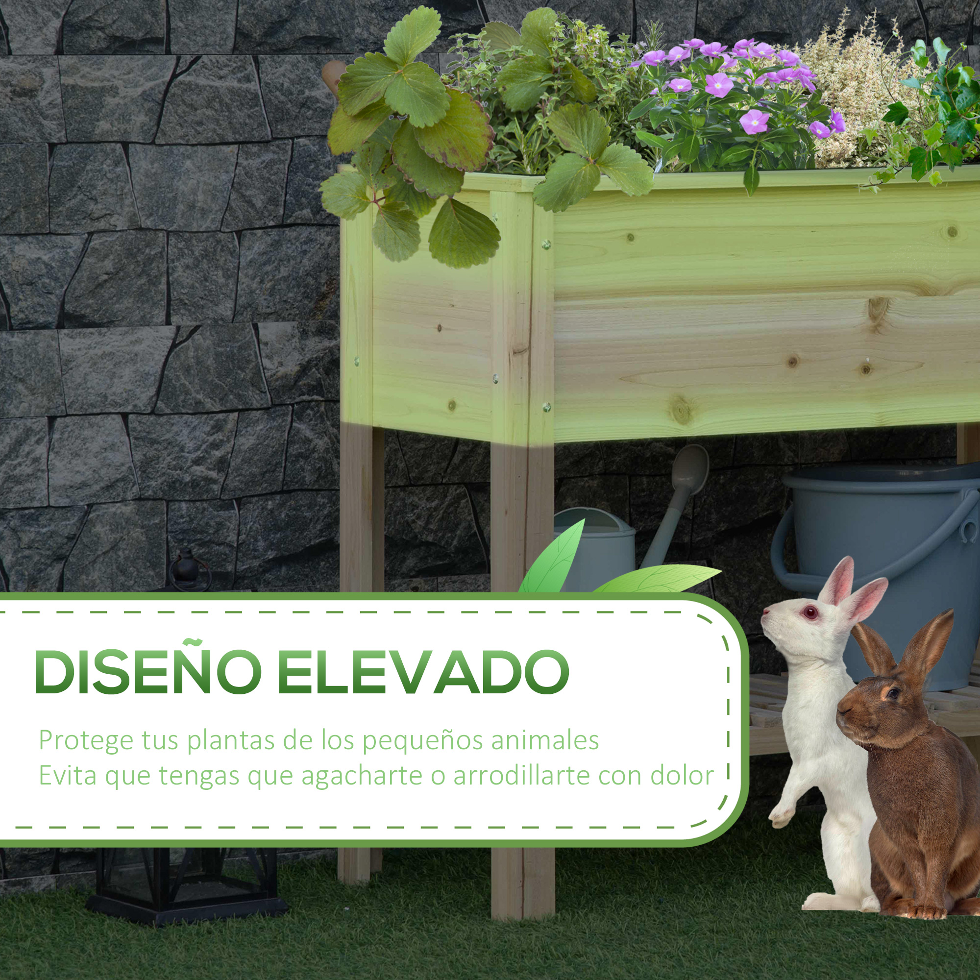 Un bancal elevado de madera con plantas, dos conejos, un cubo y una regadera.