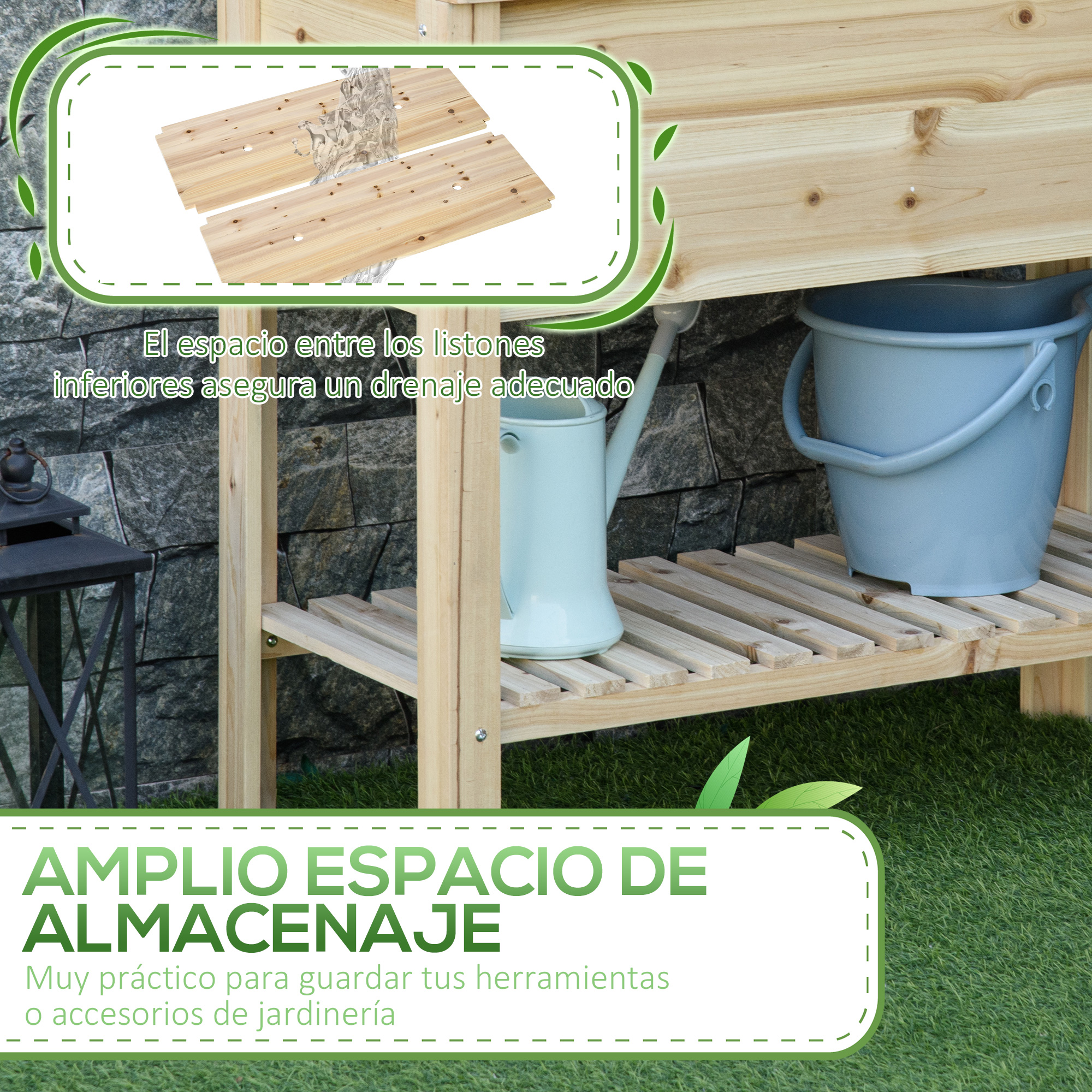 Estantería de madera con cubo azul, regadera y farol ante pared de piedra.