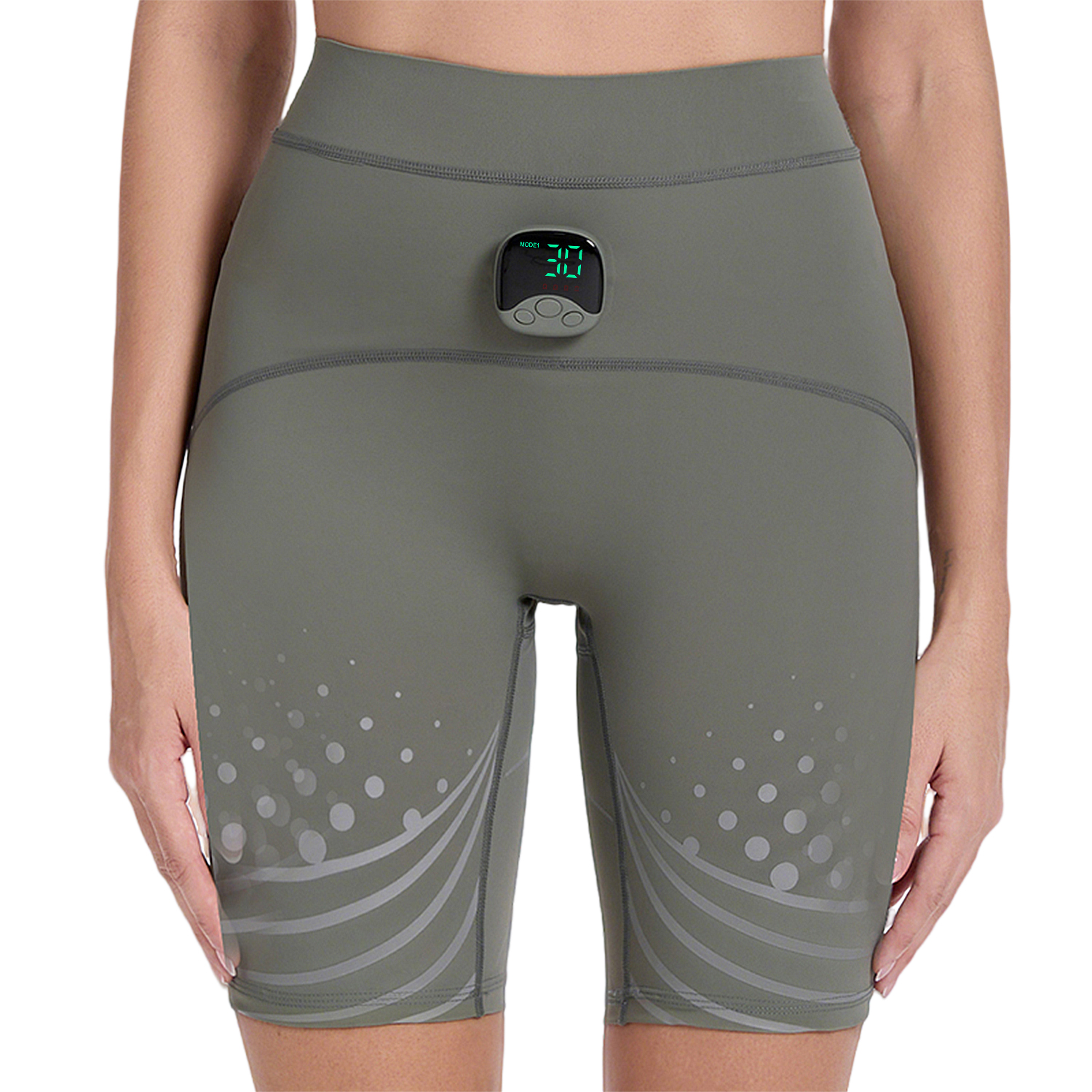 Pantaloncini da ciclismo grigi con dispositivo digitale in vita e motivo a pois.