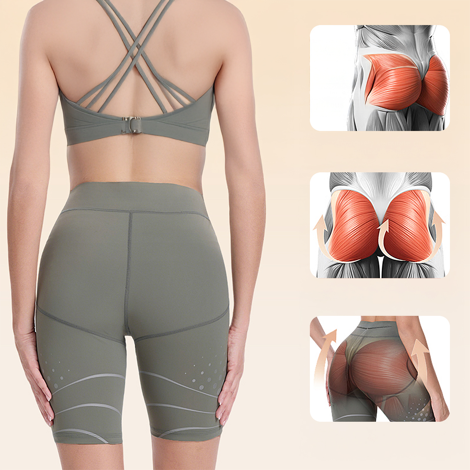 Vista posteriore di donna in abbigliamento sportivo con grafiche anatomiche dei glutei.