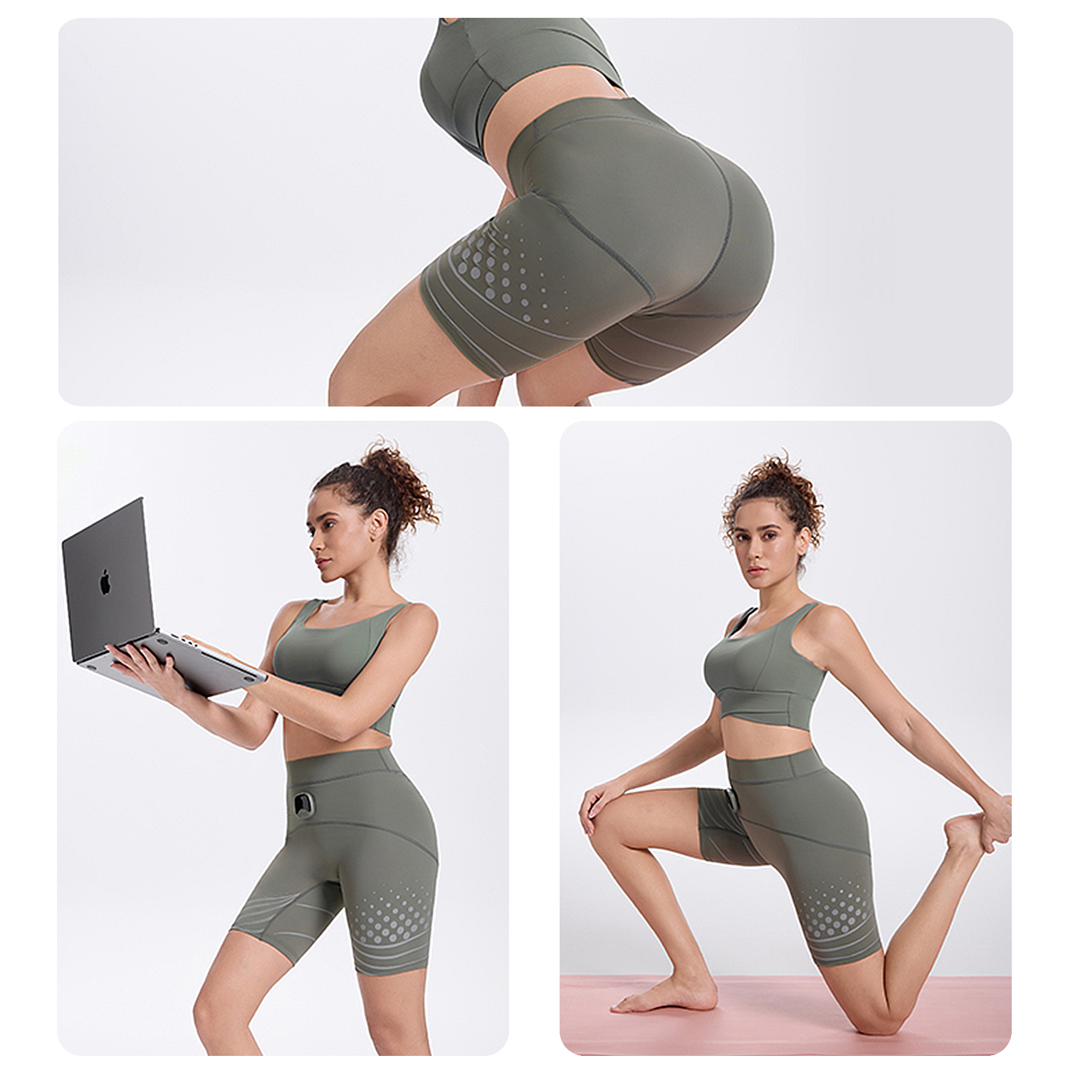 Donna in abbigliamento sportivo tiene laptop, donna in abbigliamento sportivo si allunga su tappetino.