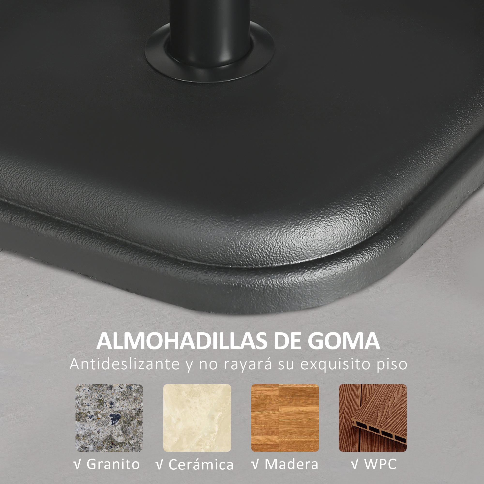 Base negra con cuatro patrones: Granito, Cerámica, Madera, WPC.