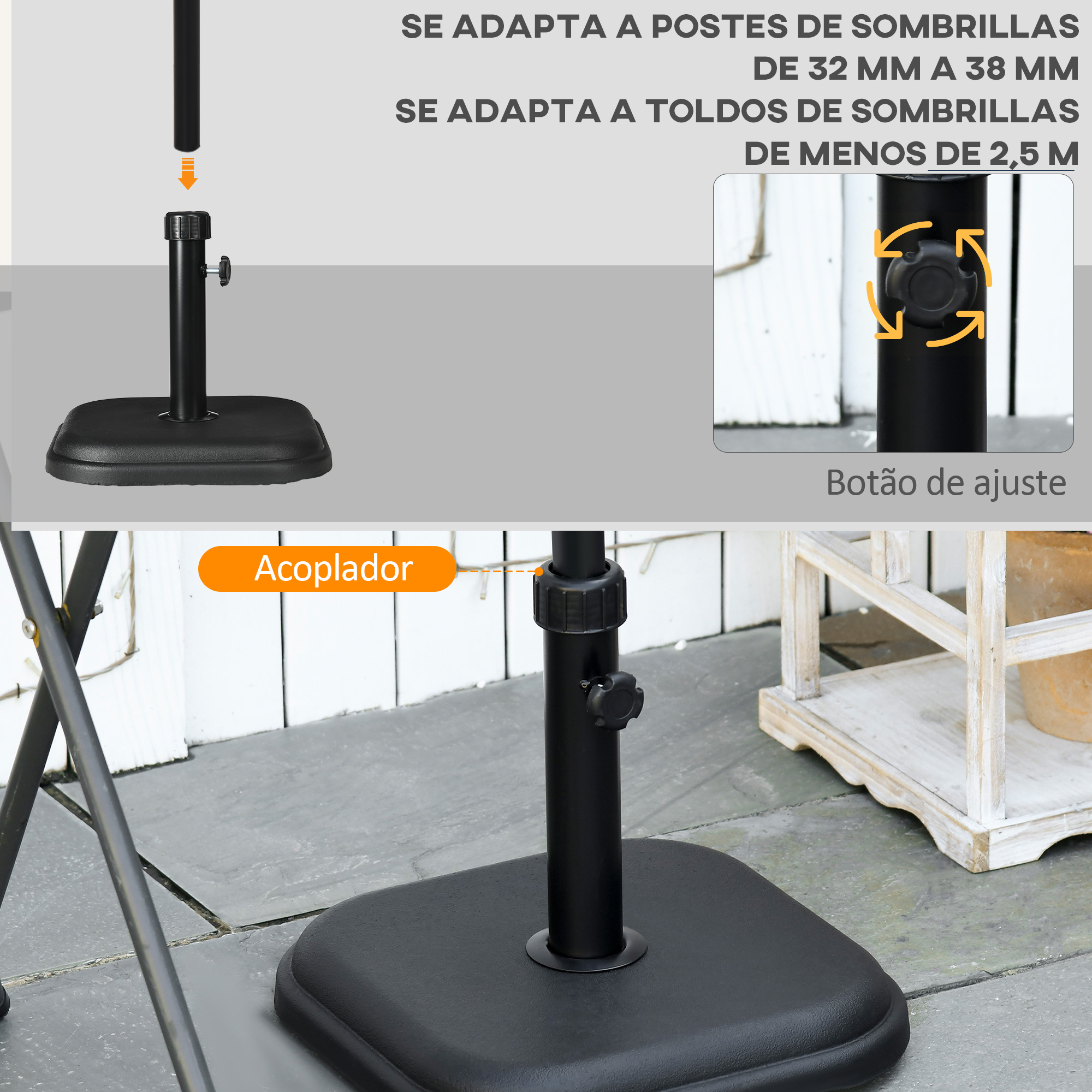 Soporte negro para sombrilla con botón de ajuste y descripción.