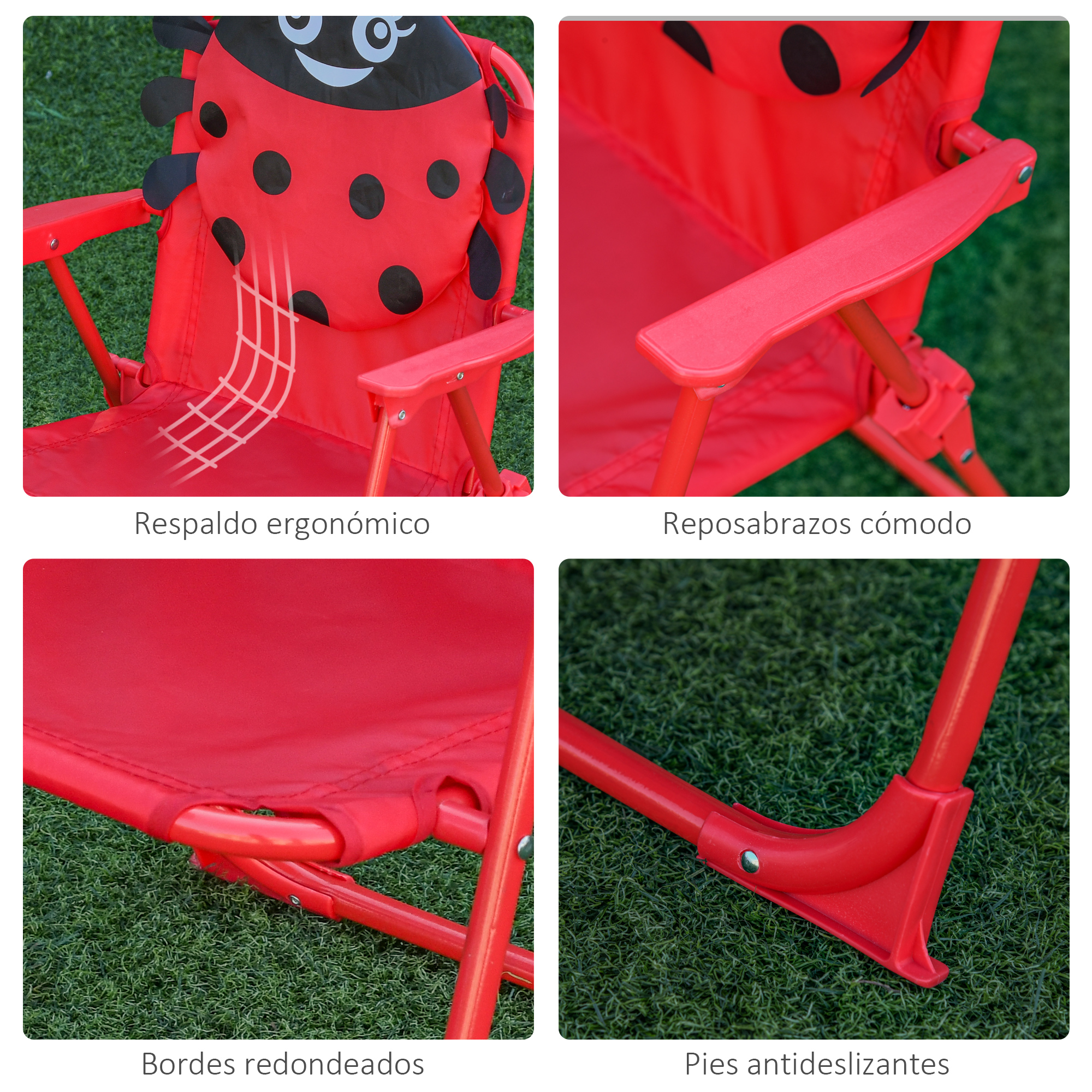 Silla plegable roja de mariquita con reposabrazos y pies antideslizantes.