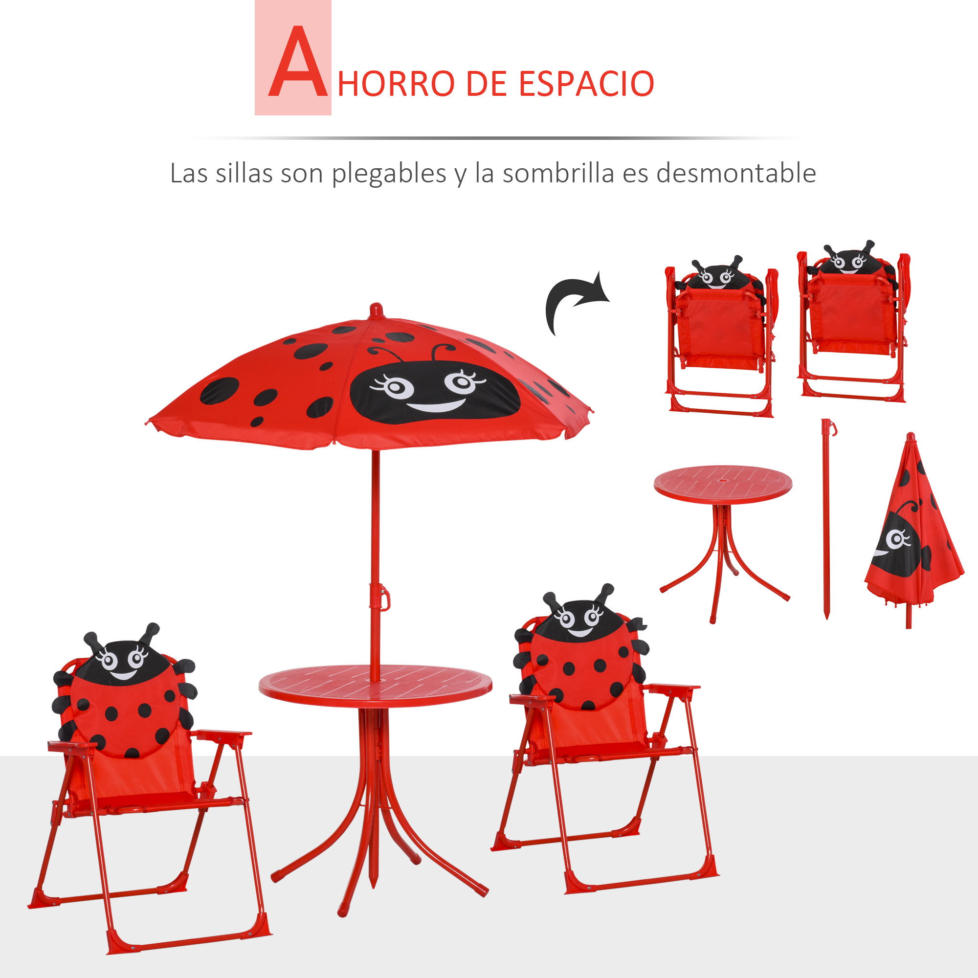 Juego de mesa y sillas de mariquita roja con sombrilla, plegable.