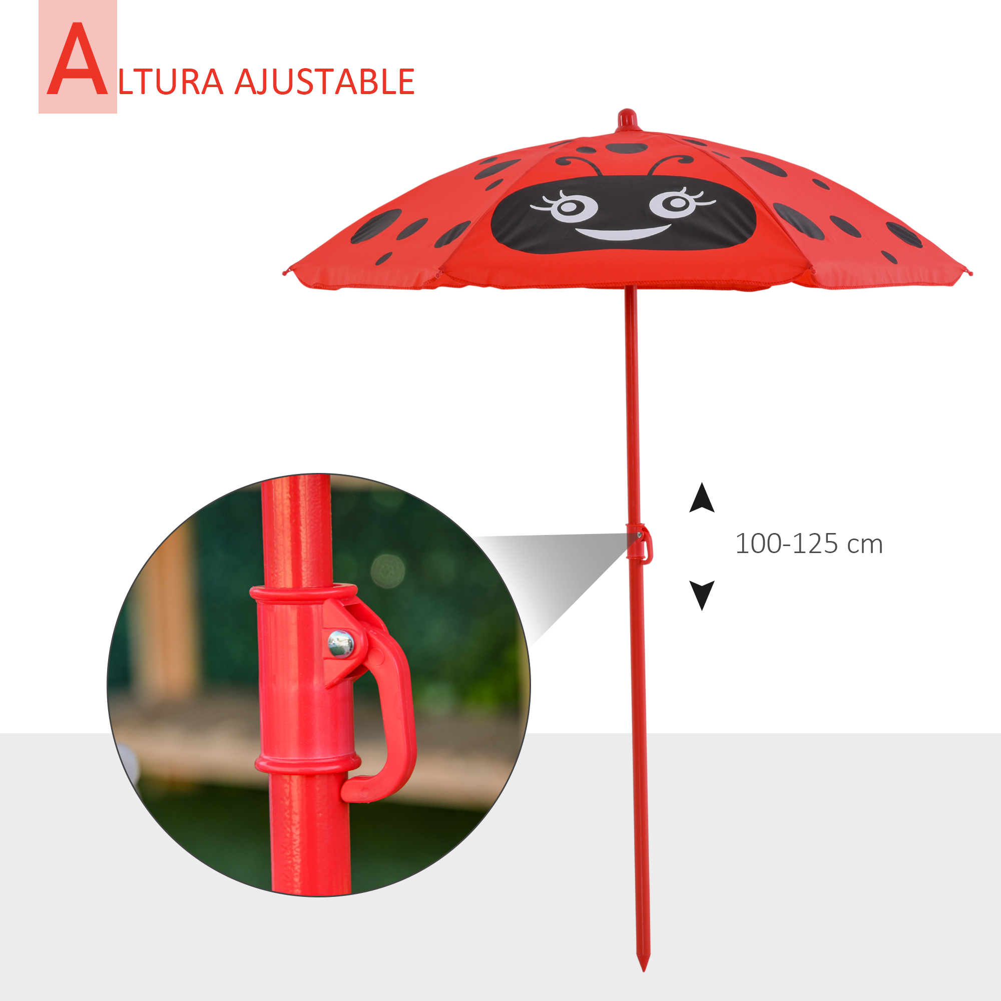 Sombrilla roja de mariquita con soporte de altura ajustable.