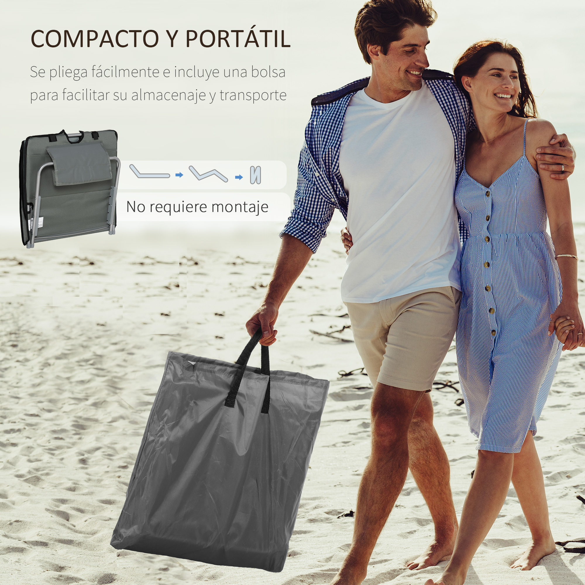 Una pareja camina por la playa. Un hombre lleva una bolsa gris.