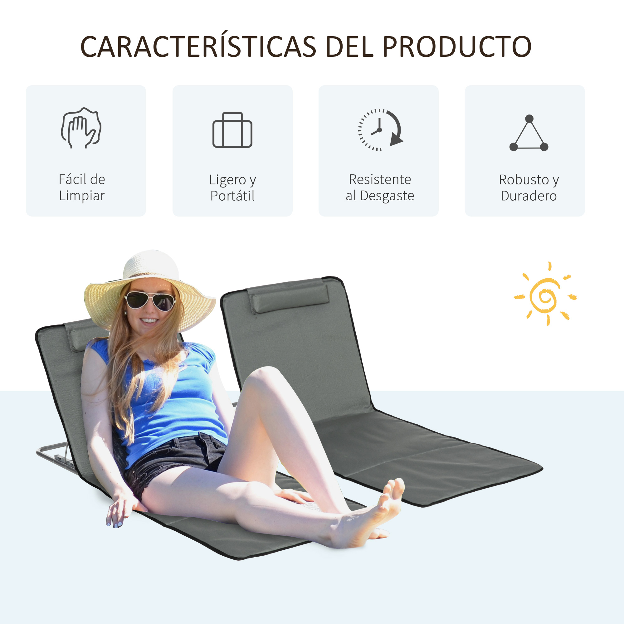 Una mujer con sombrero y gafas de sol se reclina en una tumbona gris.
