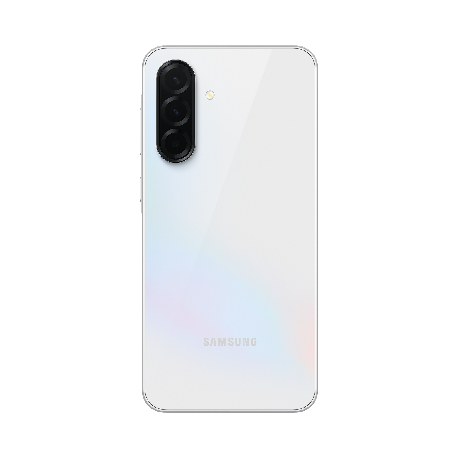 Achterkant van een witte Samsung smartphone met drie verticale camera's en een flitser.