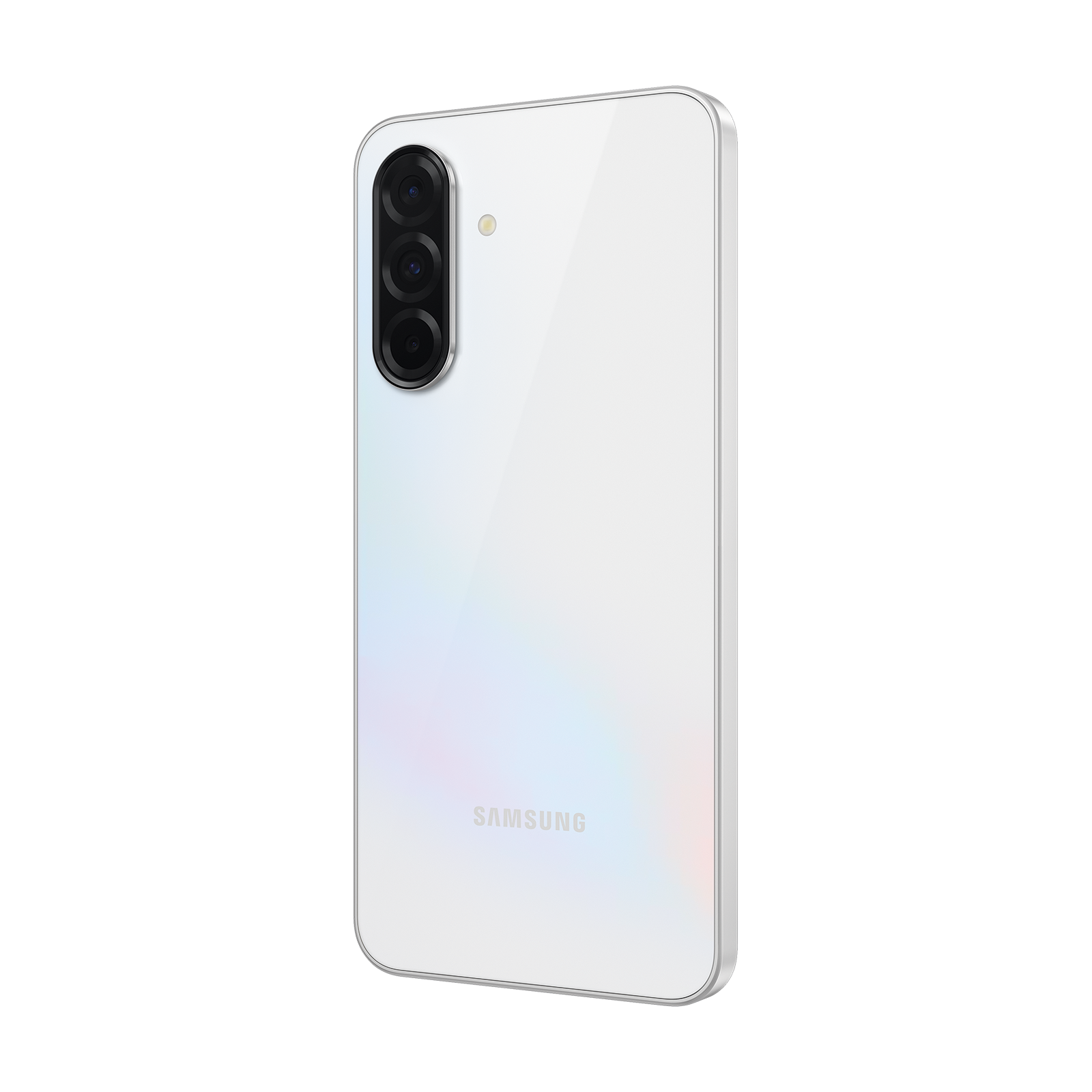 Een witte smartphone met drie camera's aan de achterkant en een zilveren frame.