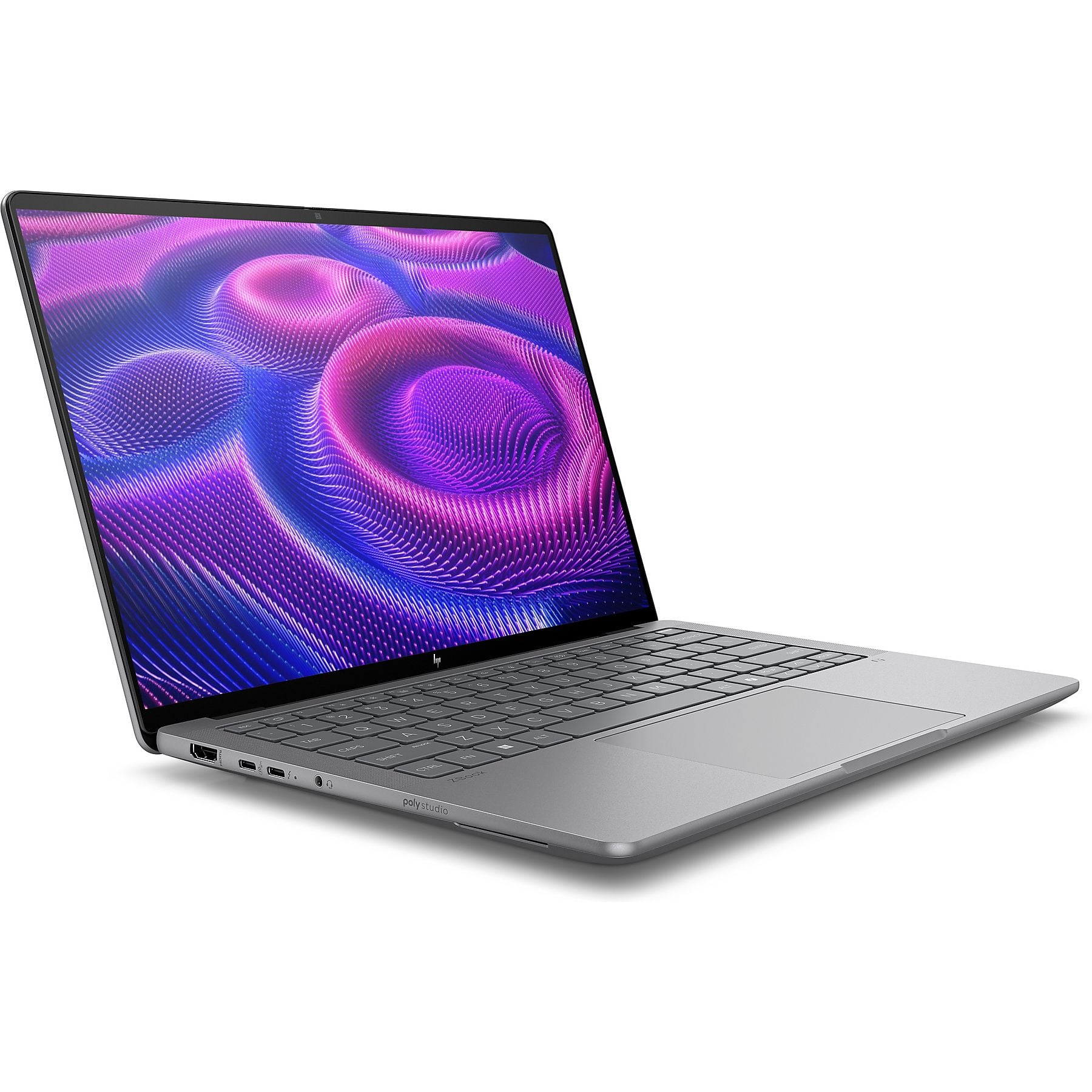 Un laptop argentato con uno schermo a motivi ondulati viola e blu.