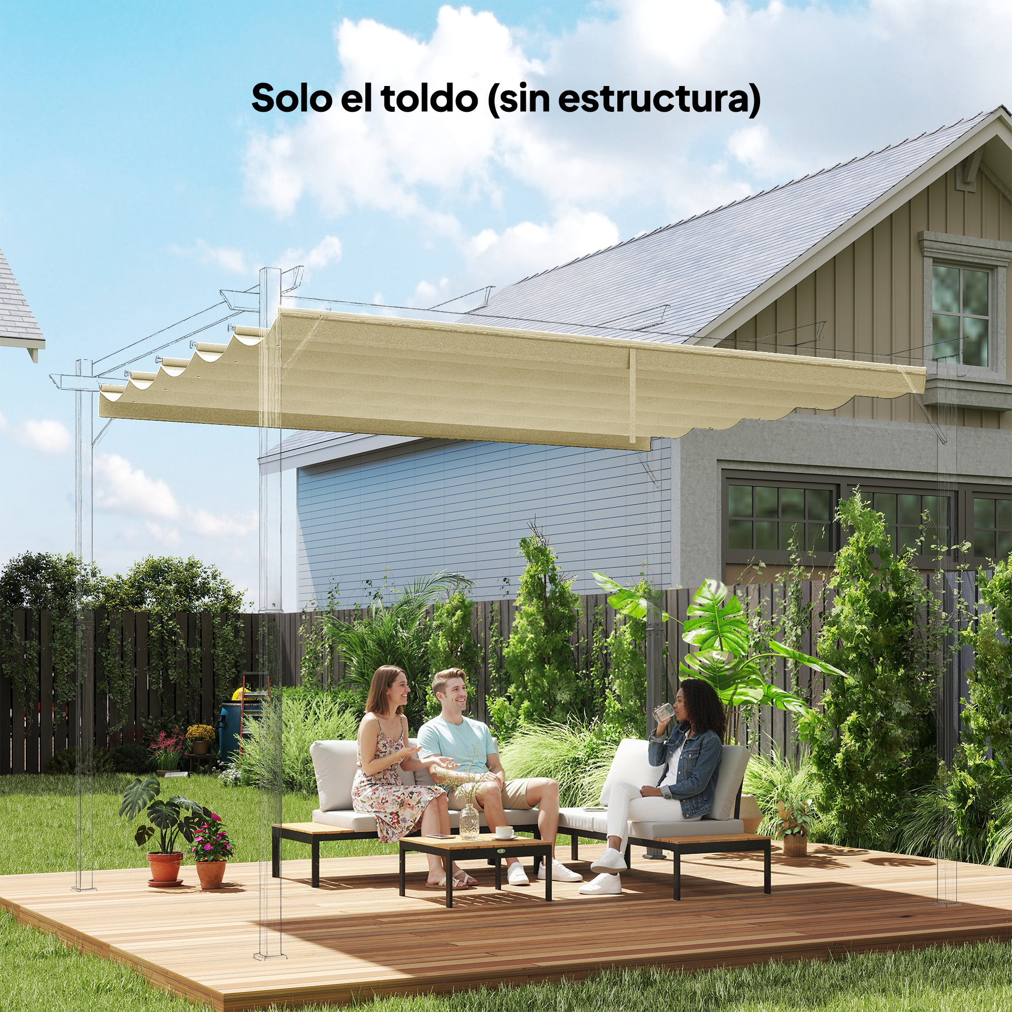 Tres personas sentadas en un patio cubierto por un toldo retráctil.