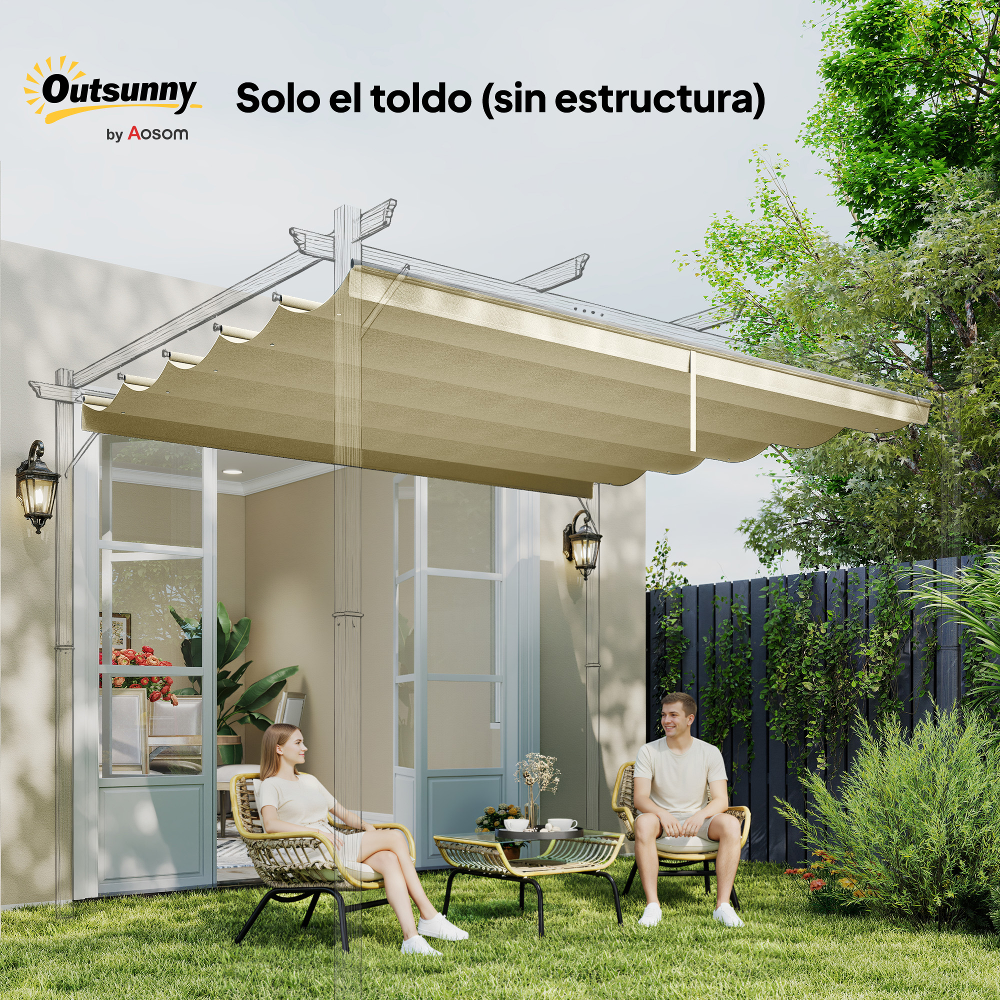 Una pareja sentada en sillas en el jardín bajo un toldo de tela.