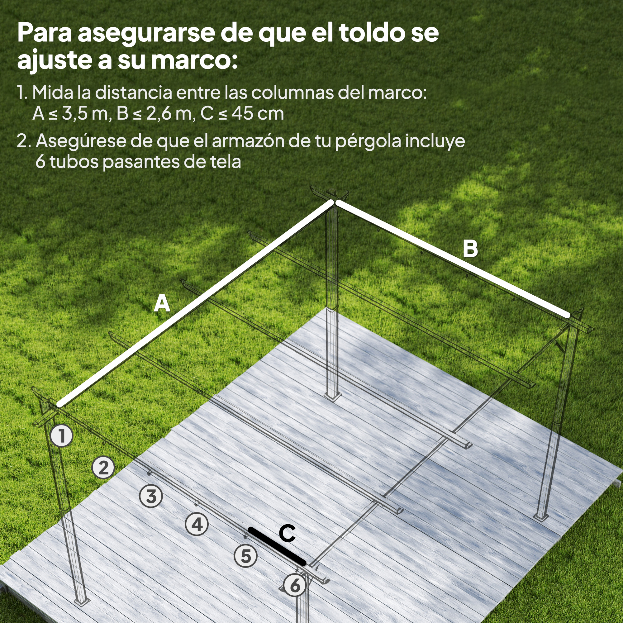 Ilustración de un marco de pérgola con medidas y etiquetas sobre césped y tarima.
