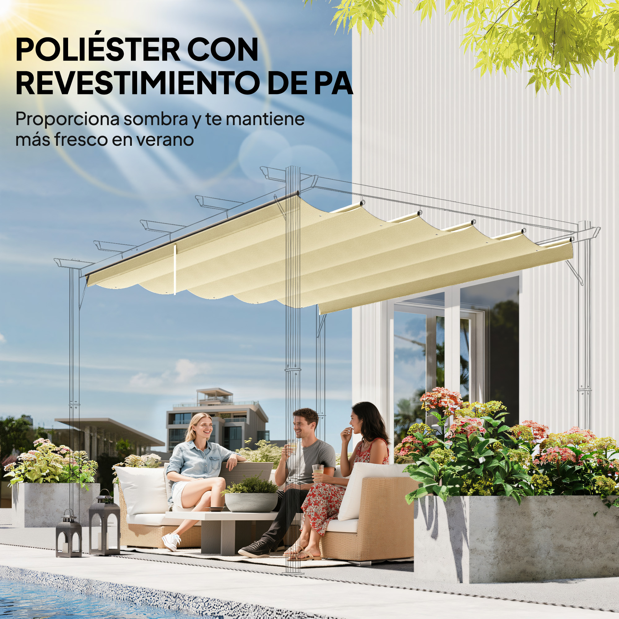 Tres personas se relajan bajo un toldo color crema en un patio junto a la piscina.