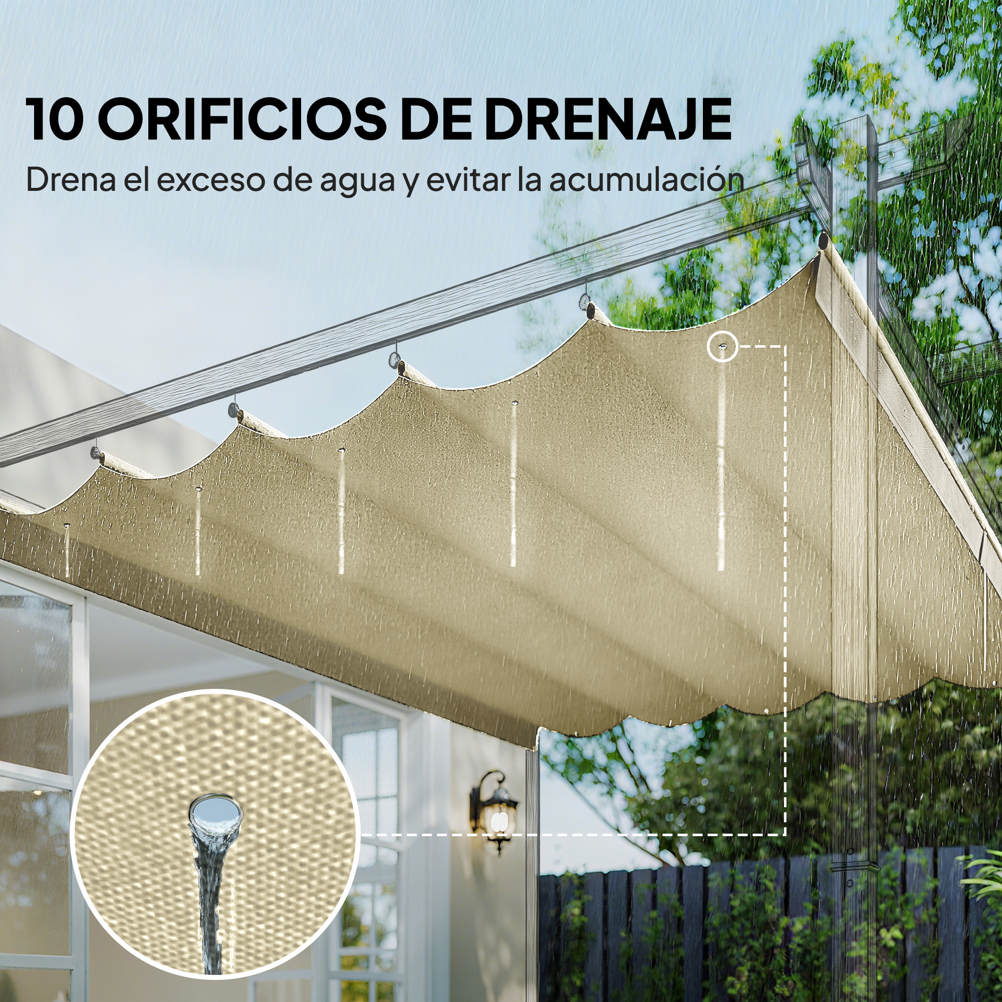Toldo beige con 10 orificios de drenaje, agua fluyendo.