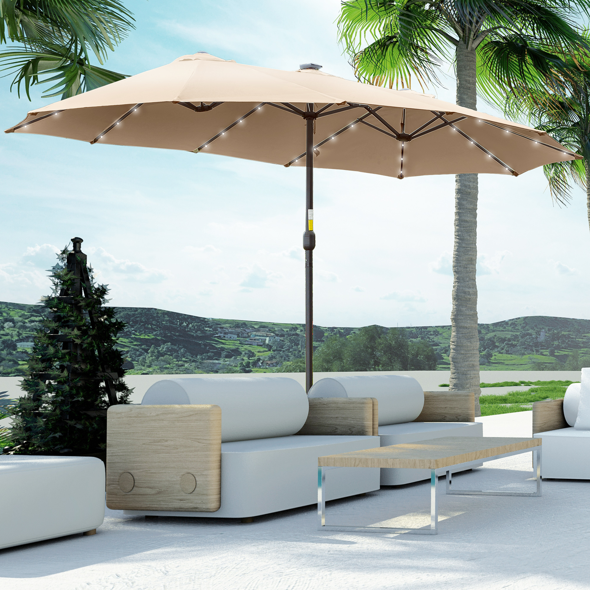 Un parasol beige para patio con luces sobre muebles blancos y una mesa al aire libre.