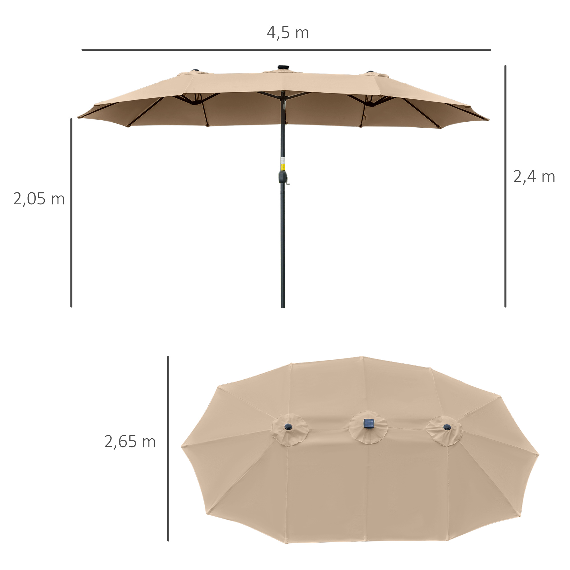 Sombrilla beige, 4,5m de ancho, 2,4m de alto, con panel solar.