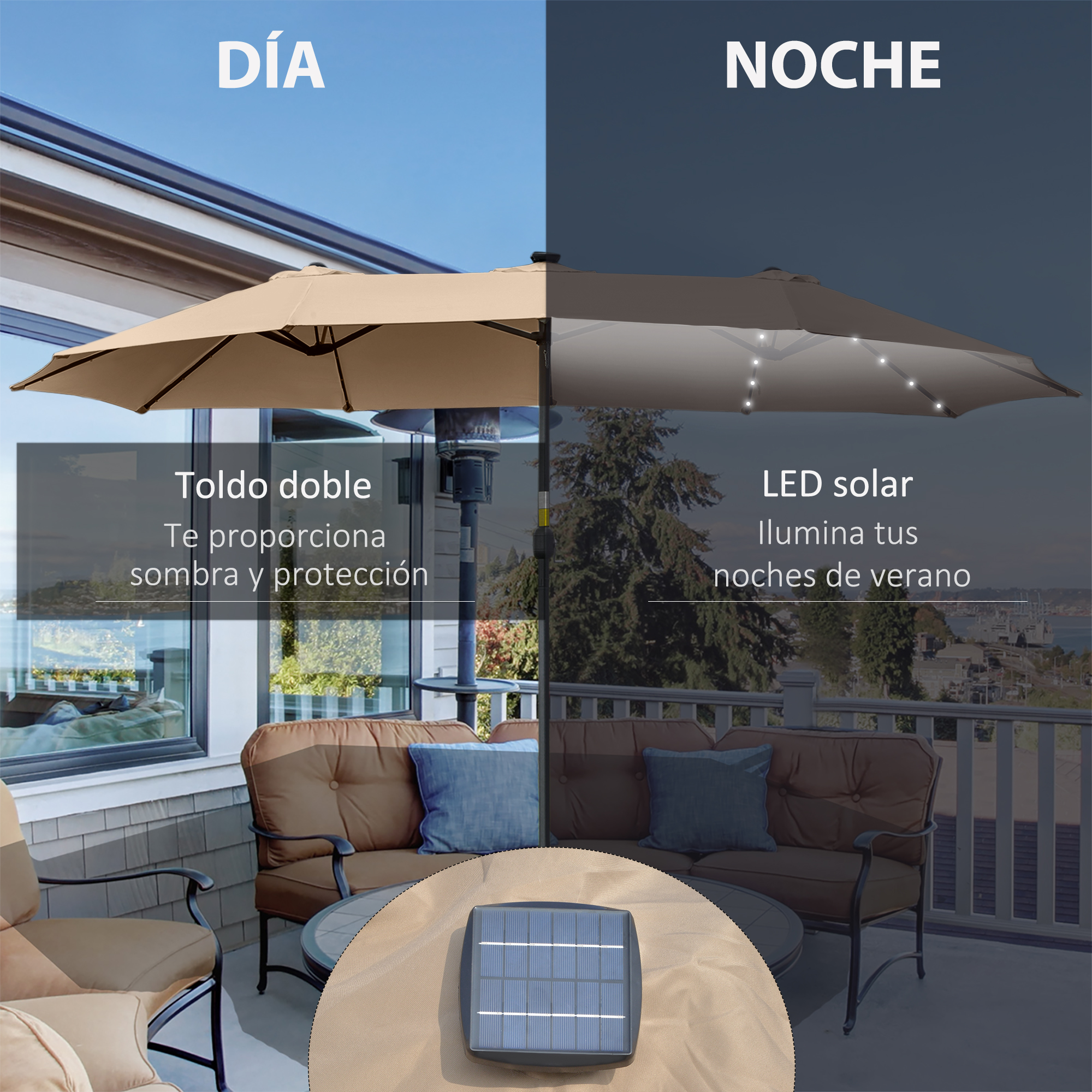 Sombrilla doble para patio con luces solares LED, mostrada de día y de noche.
