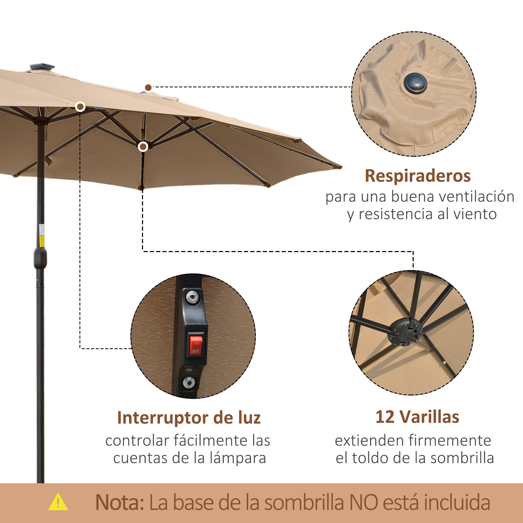 Sombrilla de patio beige con ventilación, interruptor y 12 varillas.