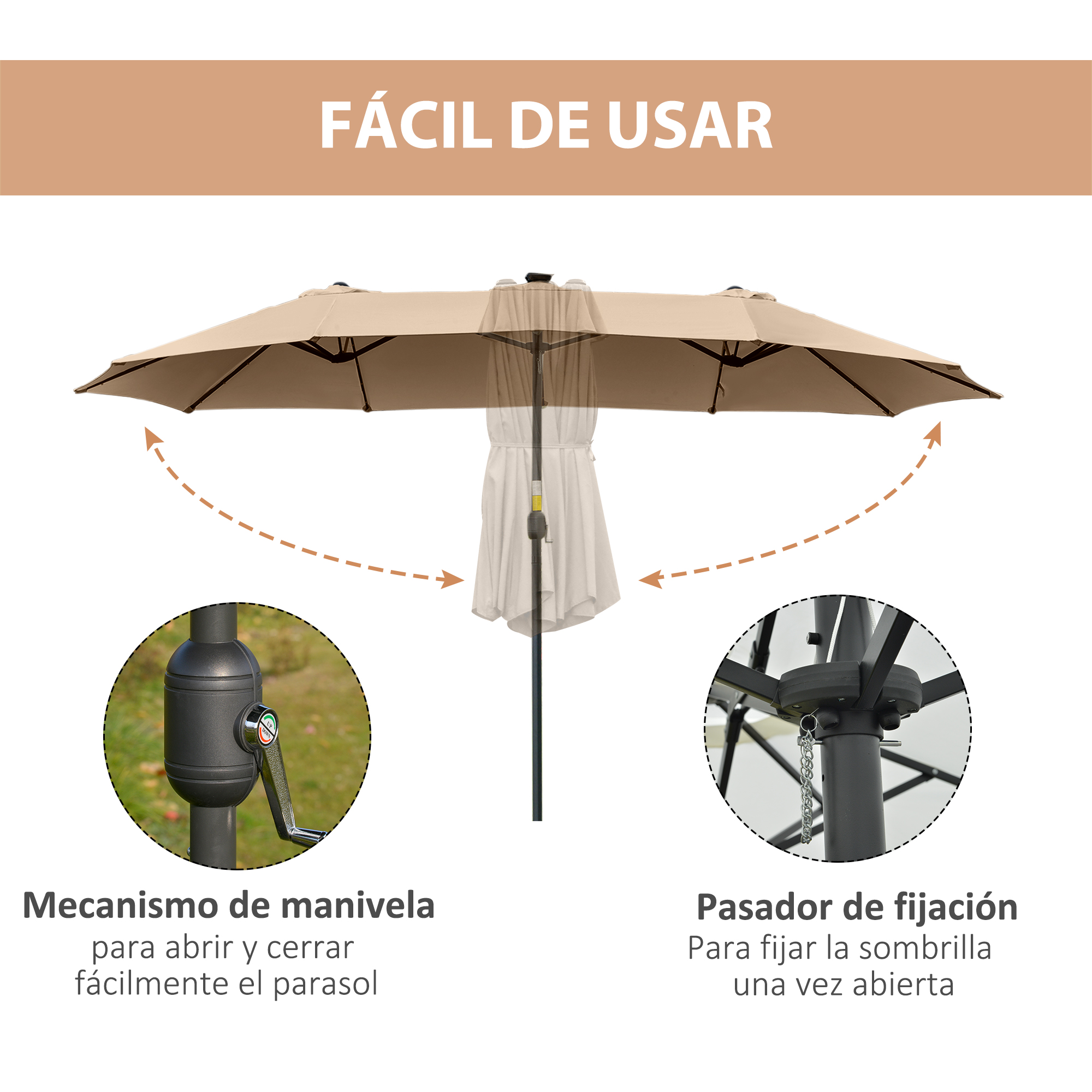 Un parasol beige con mecanismo de manivela y pasador de fijación. Fácil de usar.
