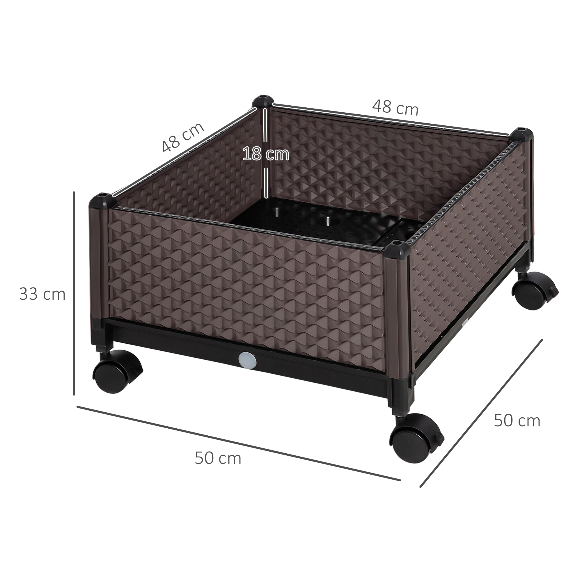 Caja de jardín marrón con ruedas, 48x48x33cm, con medidas.