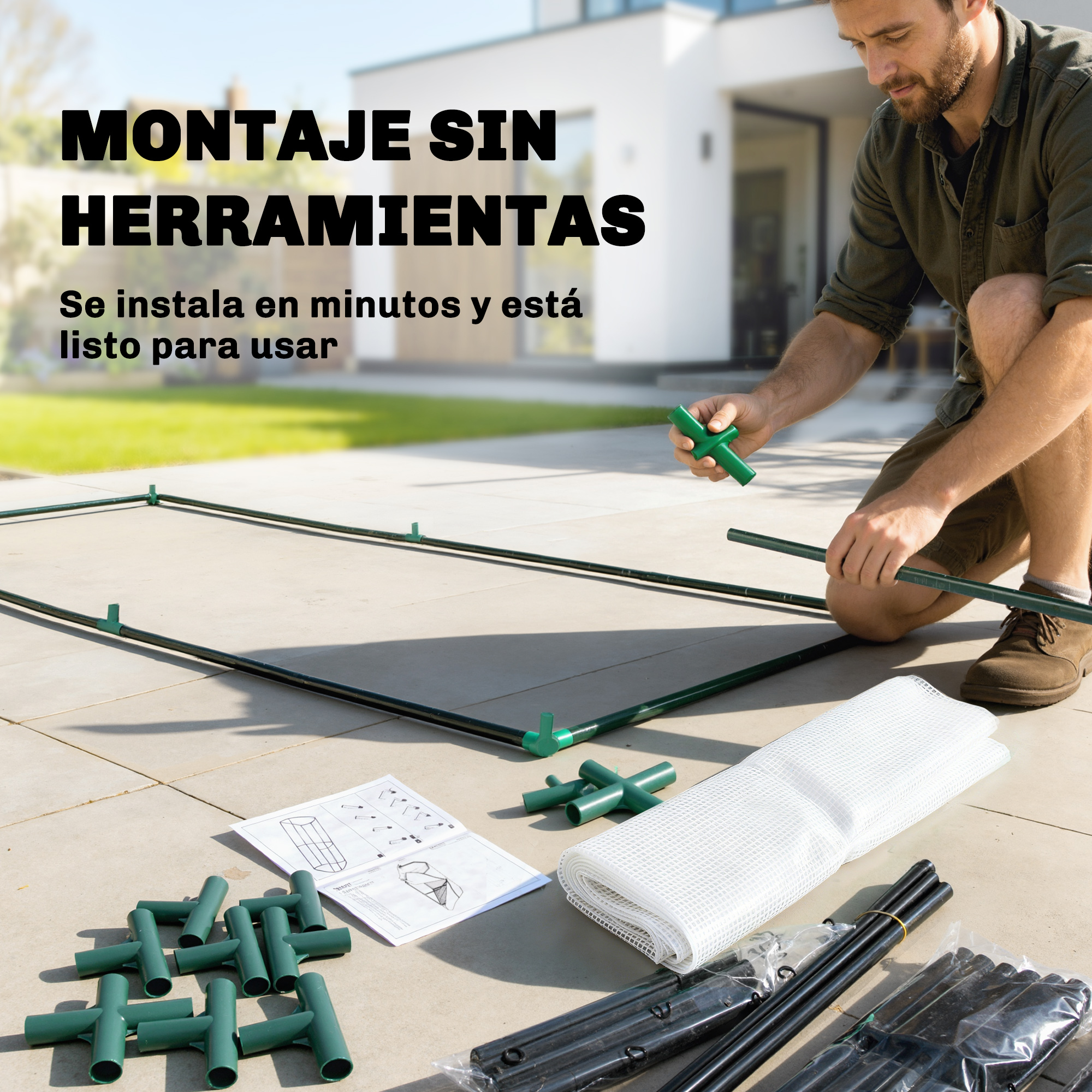 Hombre montando un invernadero en patio trasero. Tubos y cubierta blanca.