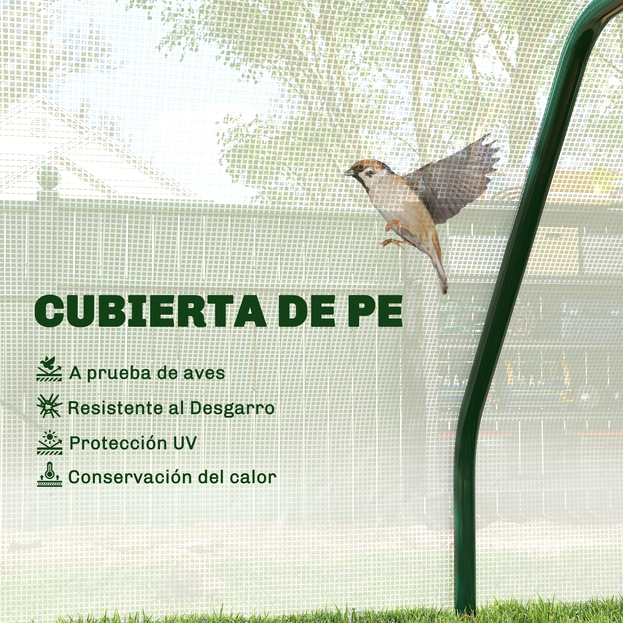 Un pájaro vuela frente a una cubierta de PE con texto e iconos.