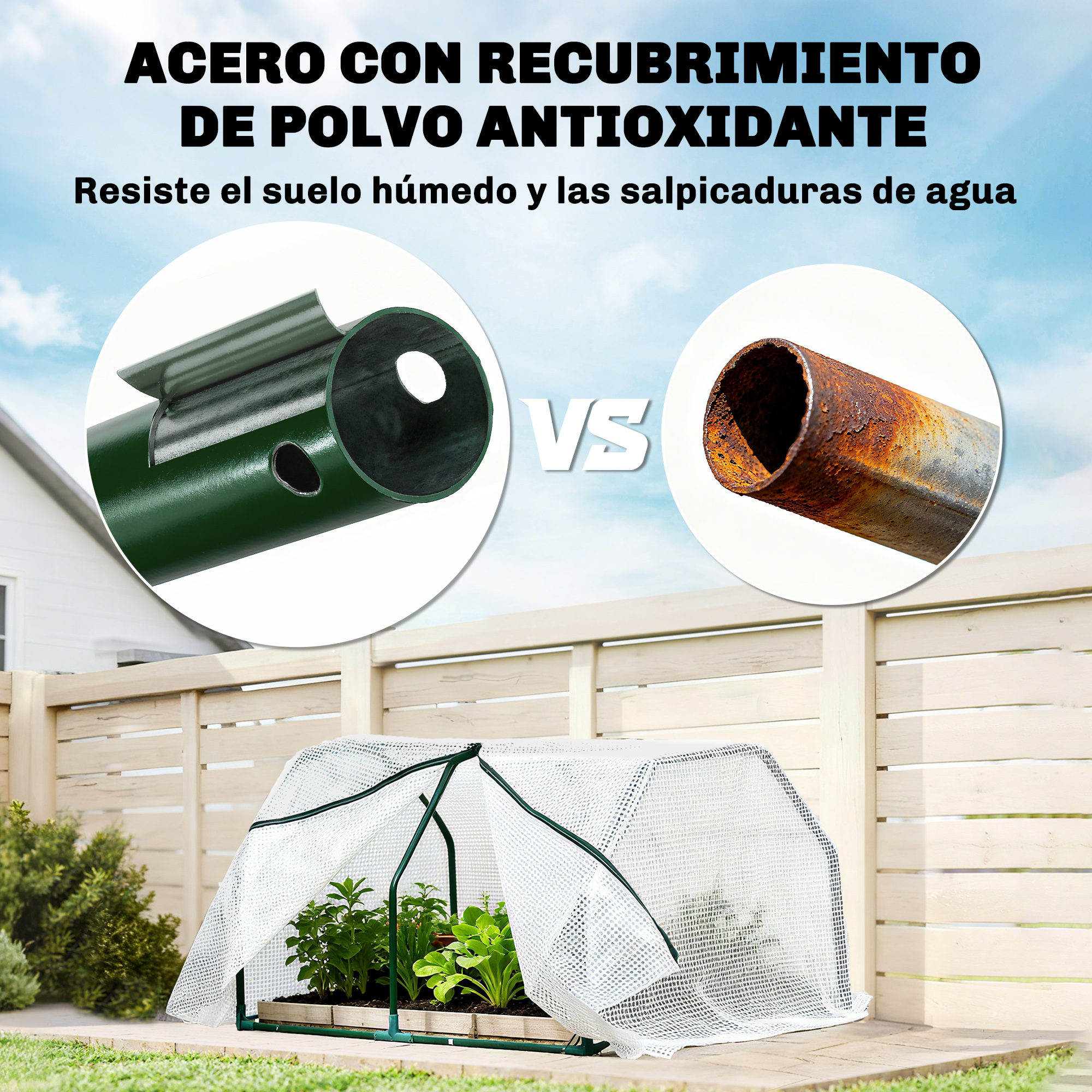 Marco de invernadero de tubo de acero verde junto a tubo de acero oxidado.