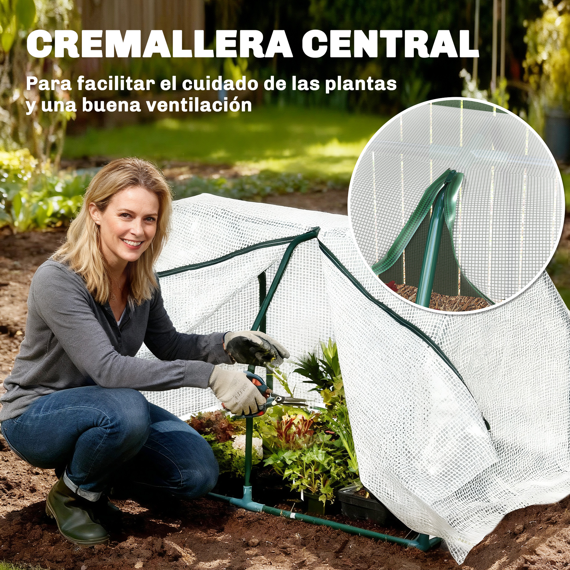 Mujer arrodillada junto a un mini invernadero blanco con plantas.
