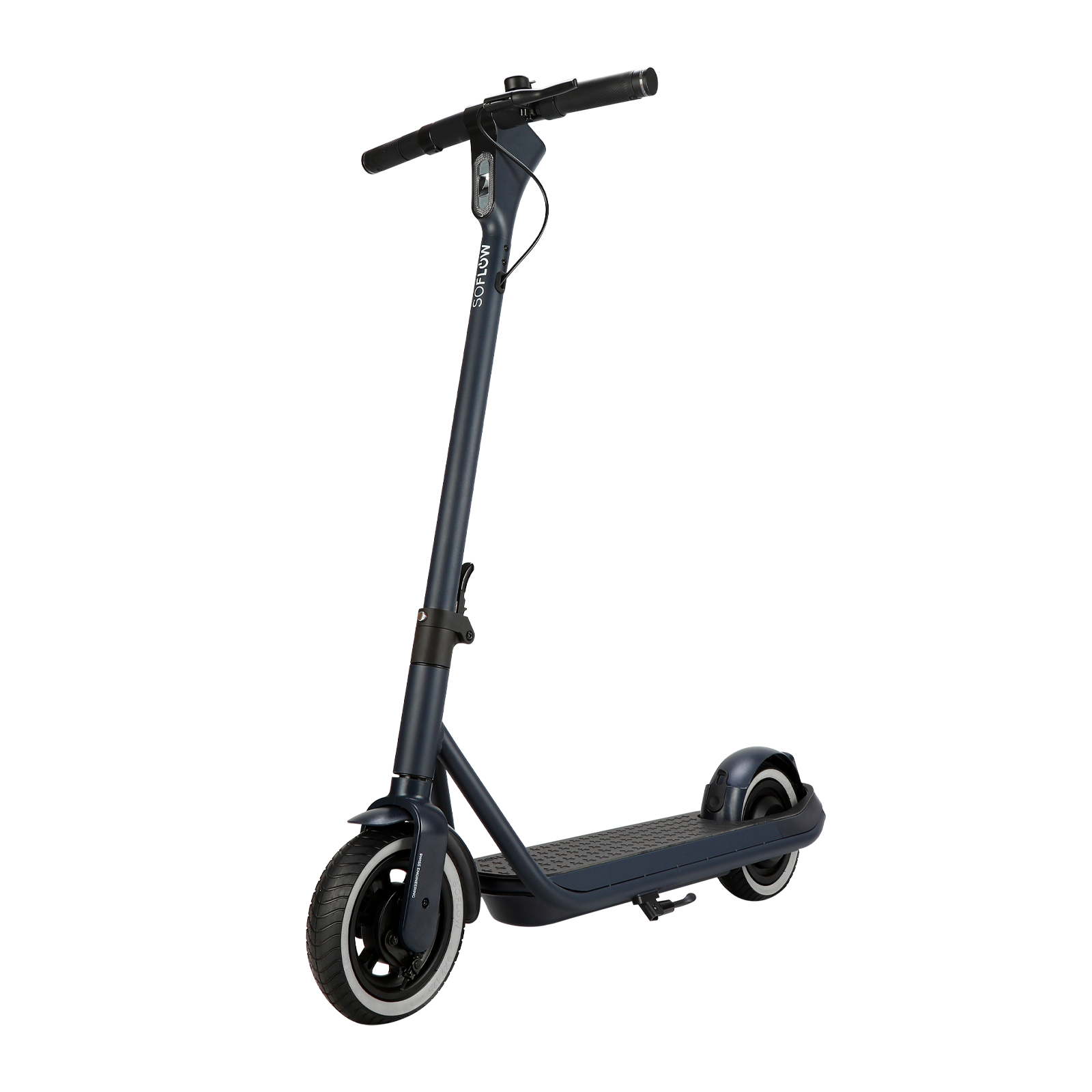 Uno scooter elettrico blu scuro con manubrio nero e una striscia bianca sulla ruota.