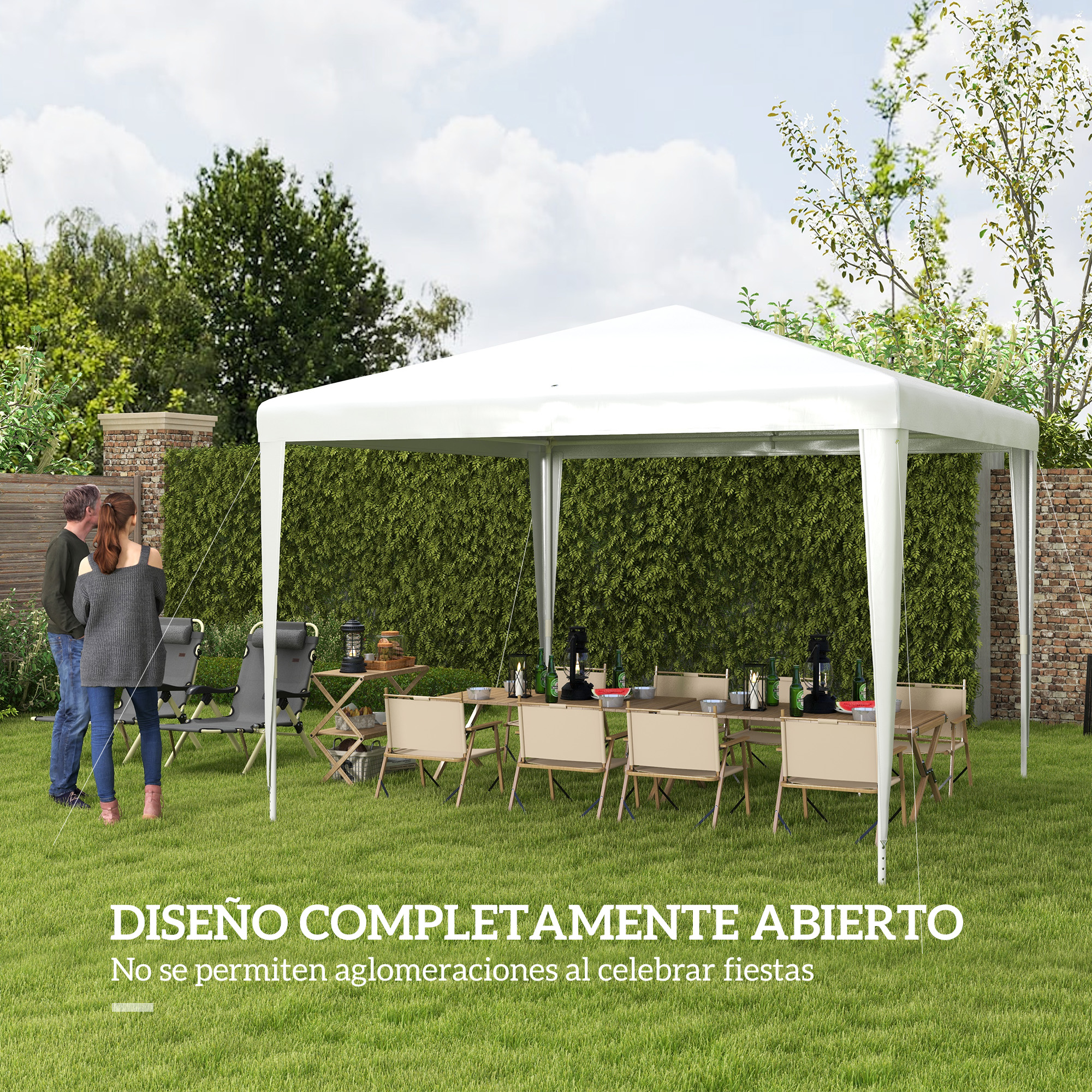 Un cenador blanco en un jardín con mesa, sillas y dos personas.