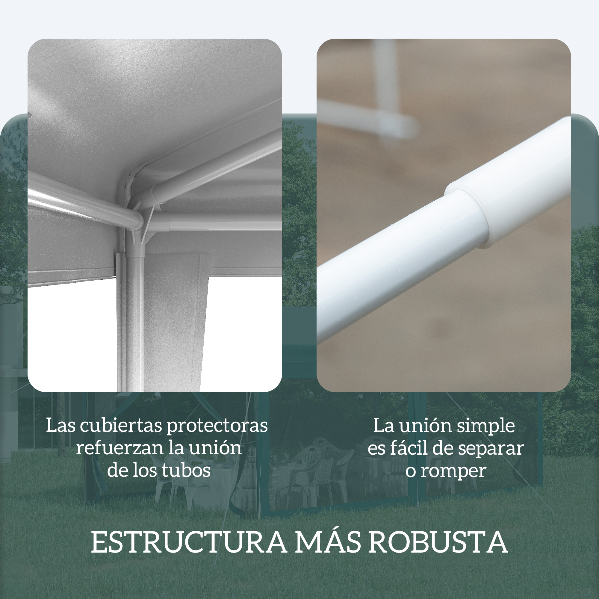 Primer plano de postes y tela de carpa blancos. Texto: Estructura robusta.