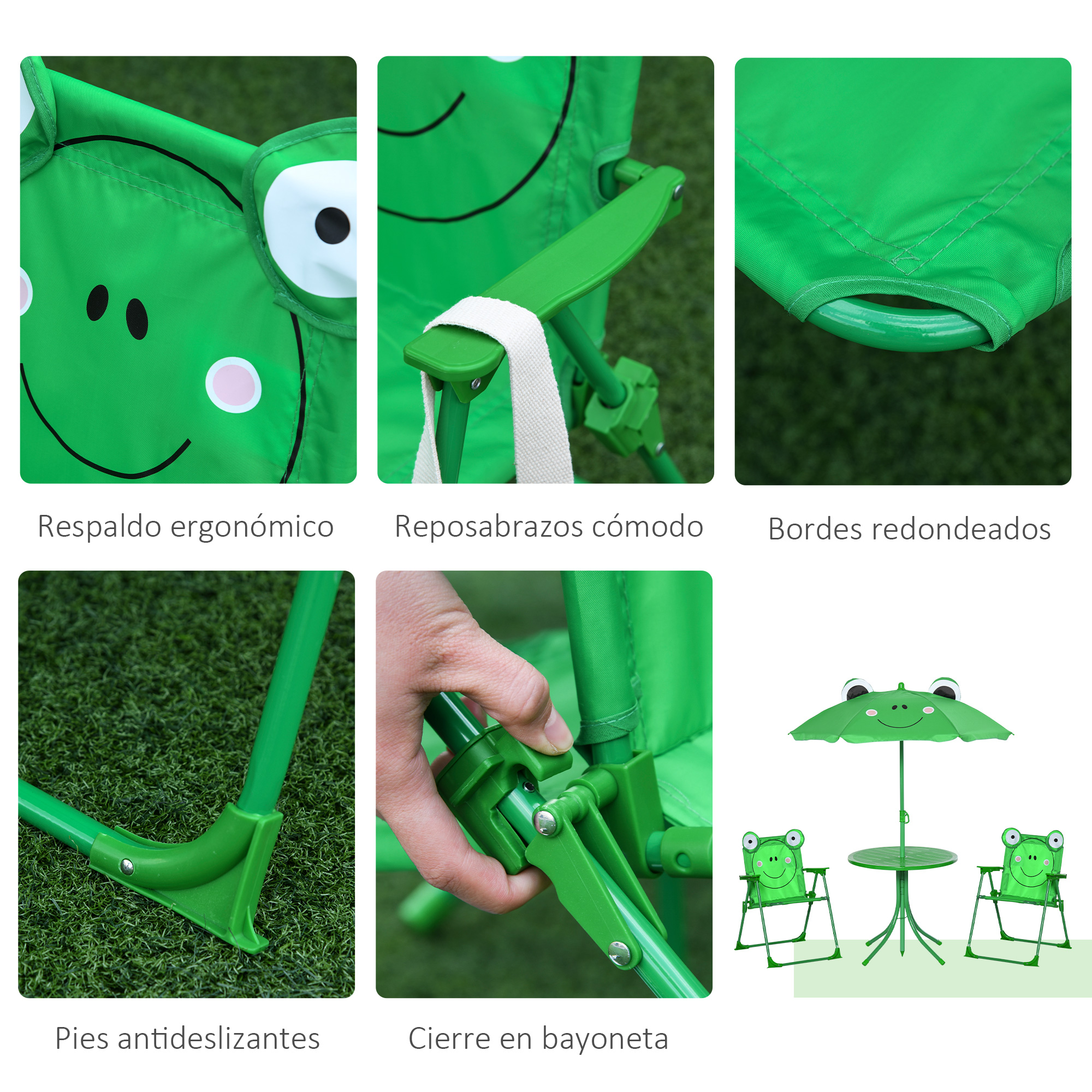 Conjunto de jardín verde de rana con sombrilla y mesa para niños.