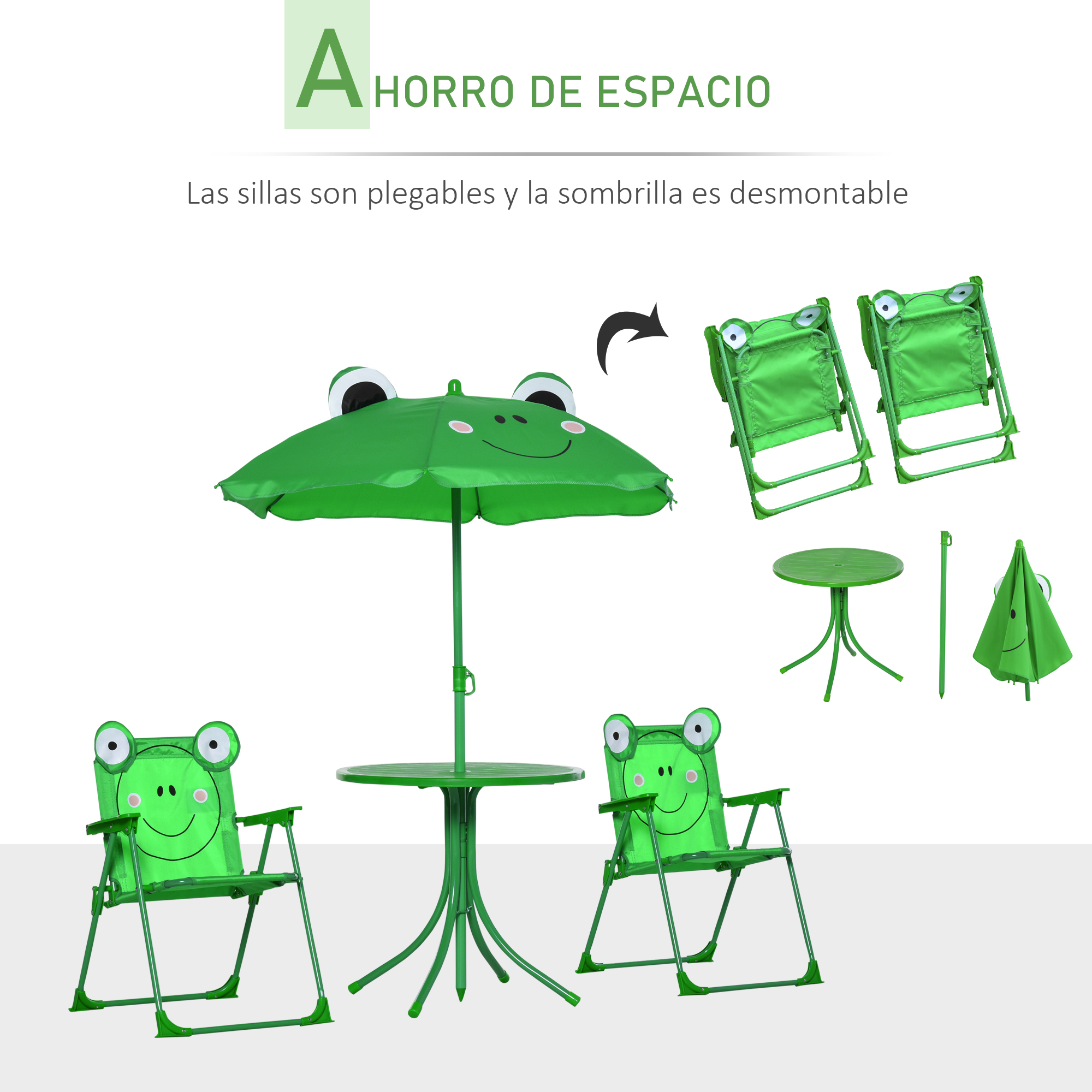 Juego de mesa y sillas de jardín verdes con forma de rana y paraguas.
