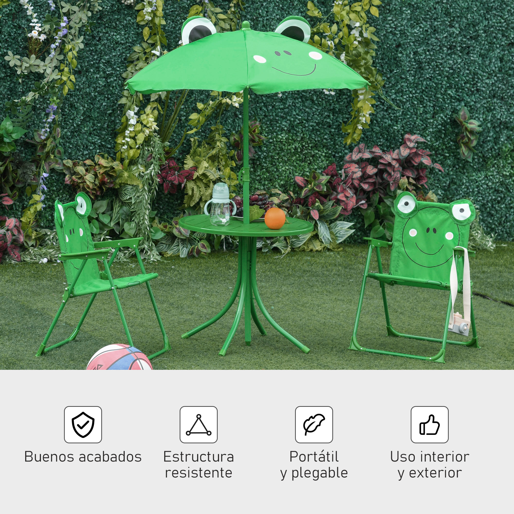 Conjunto de mesa infantil verde con temática de rana, dos sillas, sombrilla, balón y botella.