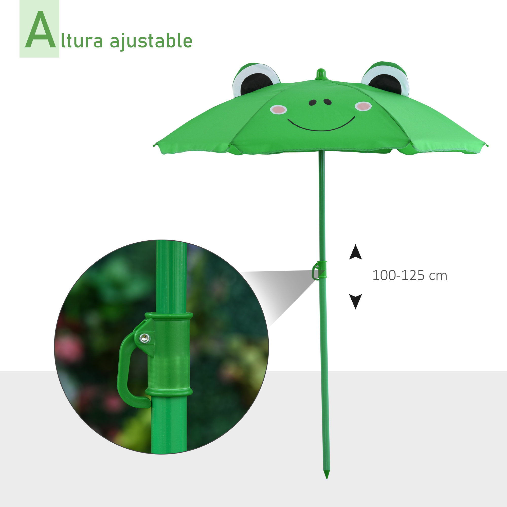 Paraguas verde con cara de rana, altura ajustable 100-125 cm.