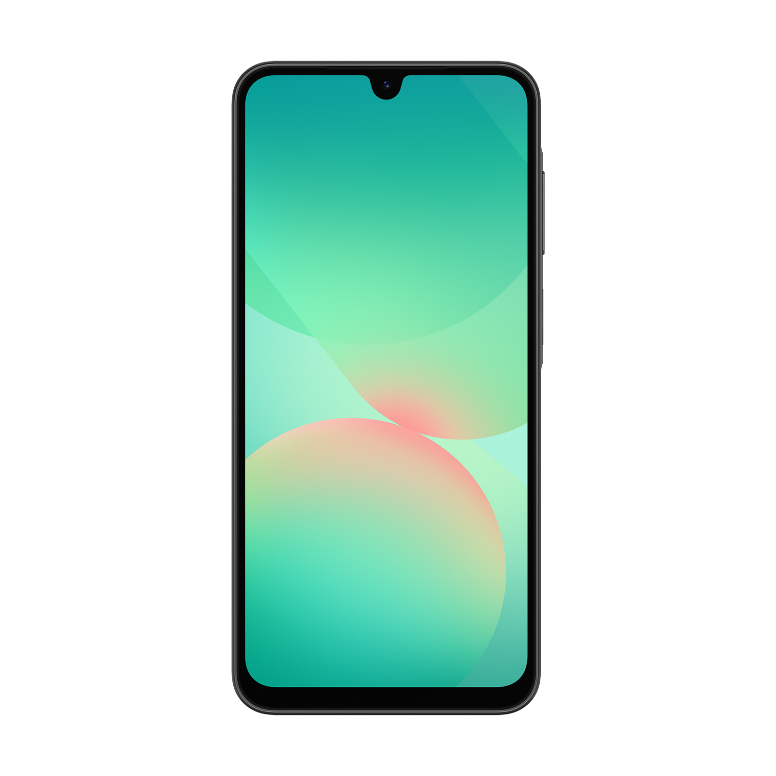 Ein Smartphone mit einem türkisfarbenen Hintergrund mit zwei überlappenden Kreisen.