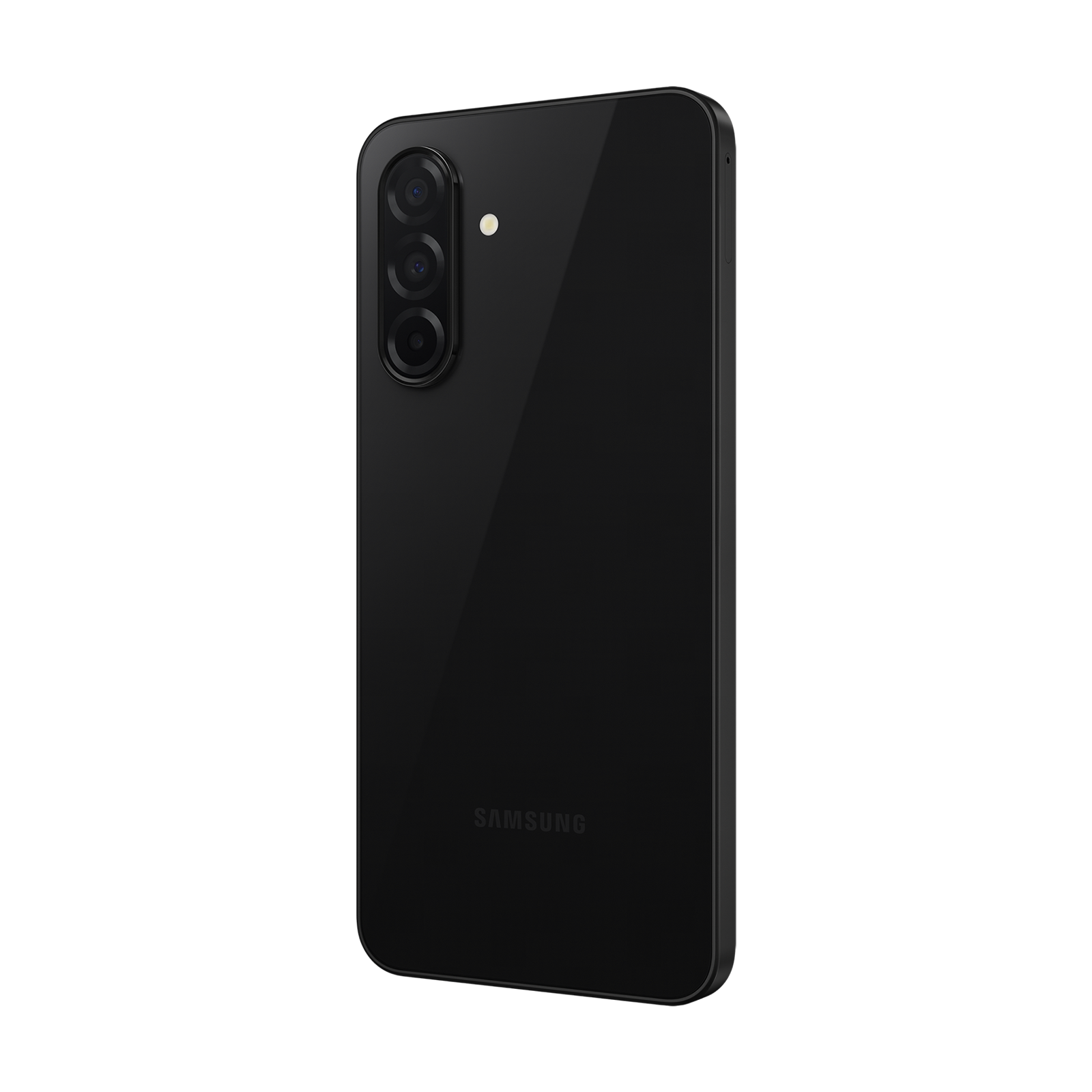 Schwarzes Smartphone mit drei Kameras und Blitz auf der Rückseite.