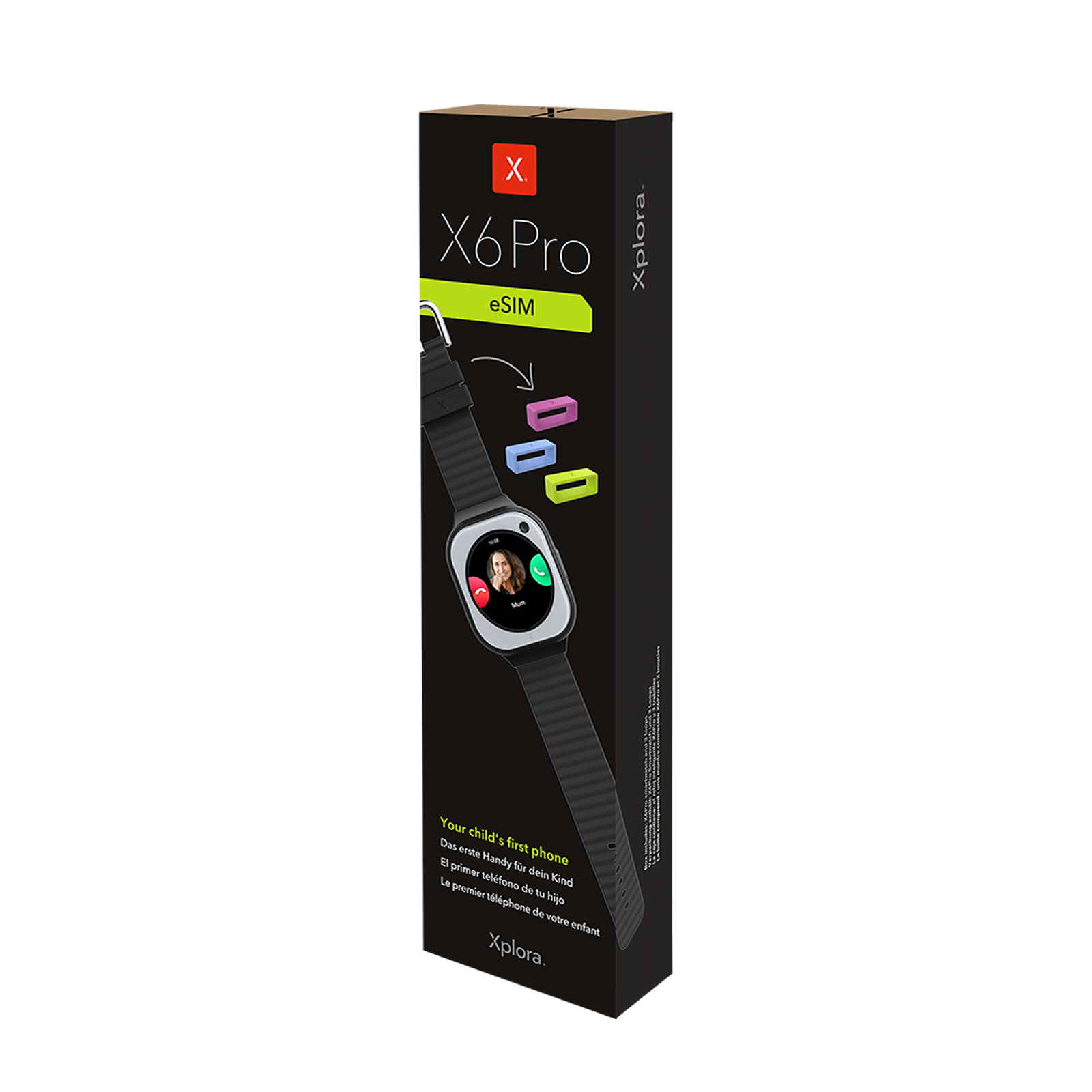 Verpackung einer schwarzen Xplora X6 Pro Smartwatch mit Zubehör auf schwarzem Hintergrund.