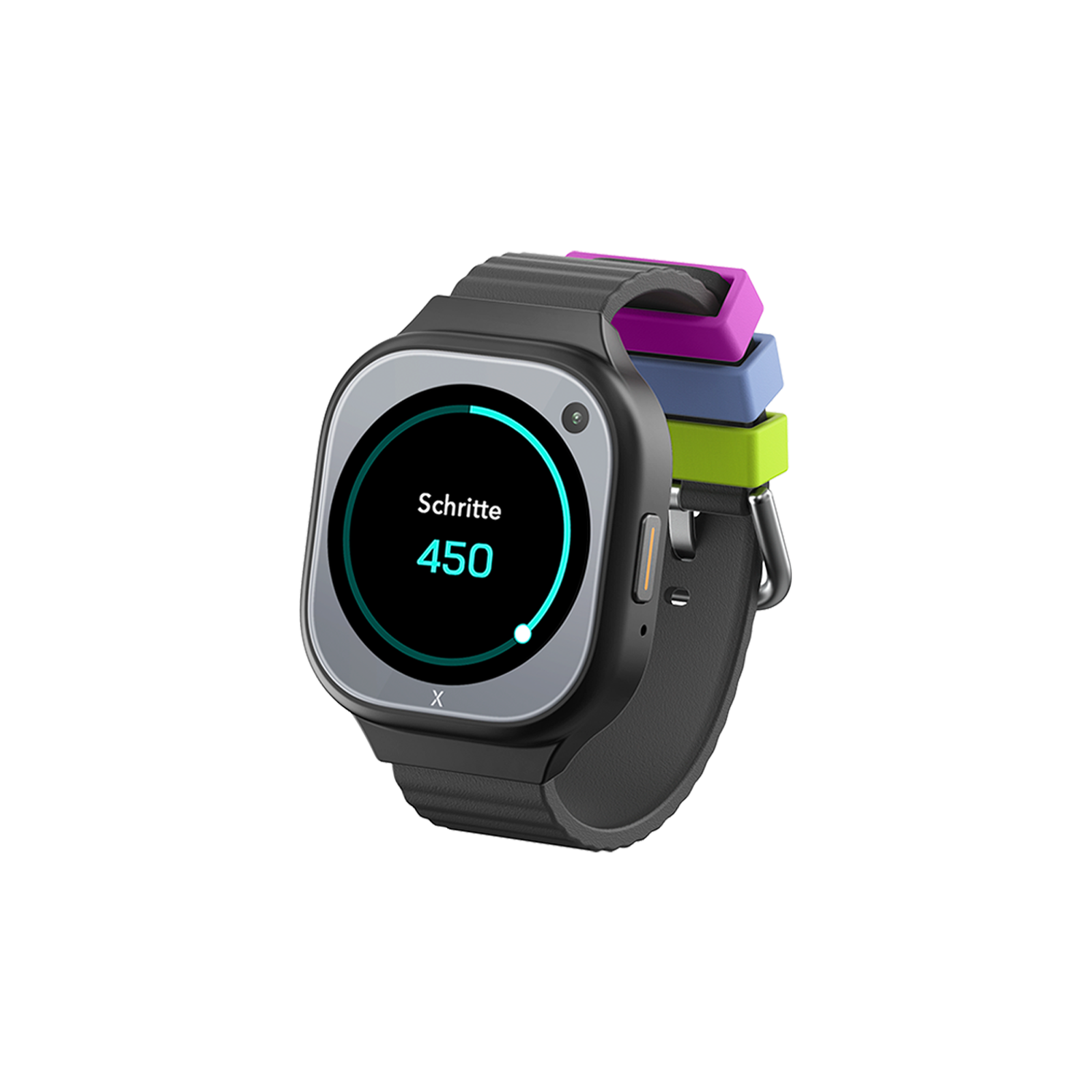 Eine graue Smartwatch mit bunten Armbändern: lila, blau und grün.