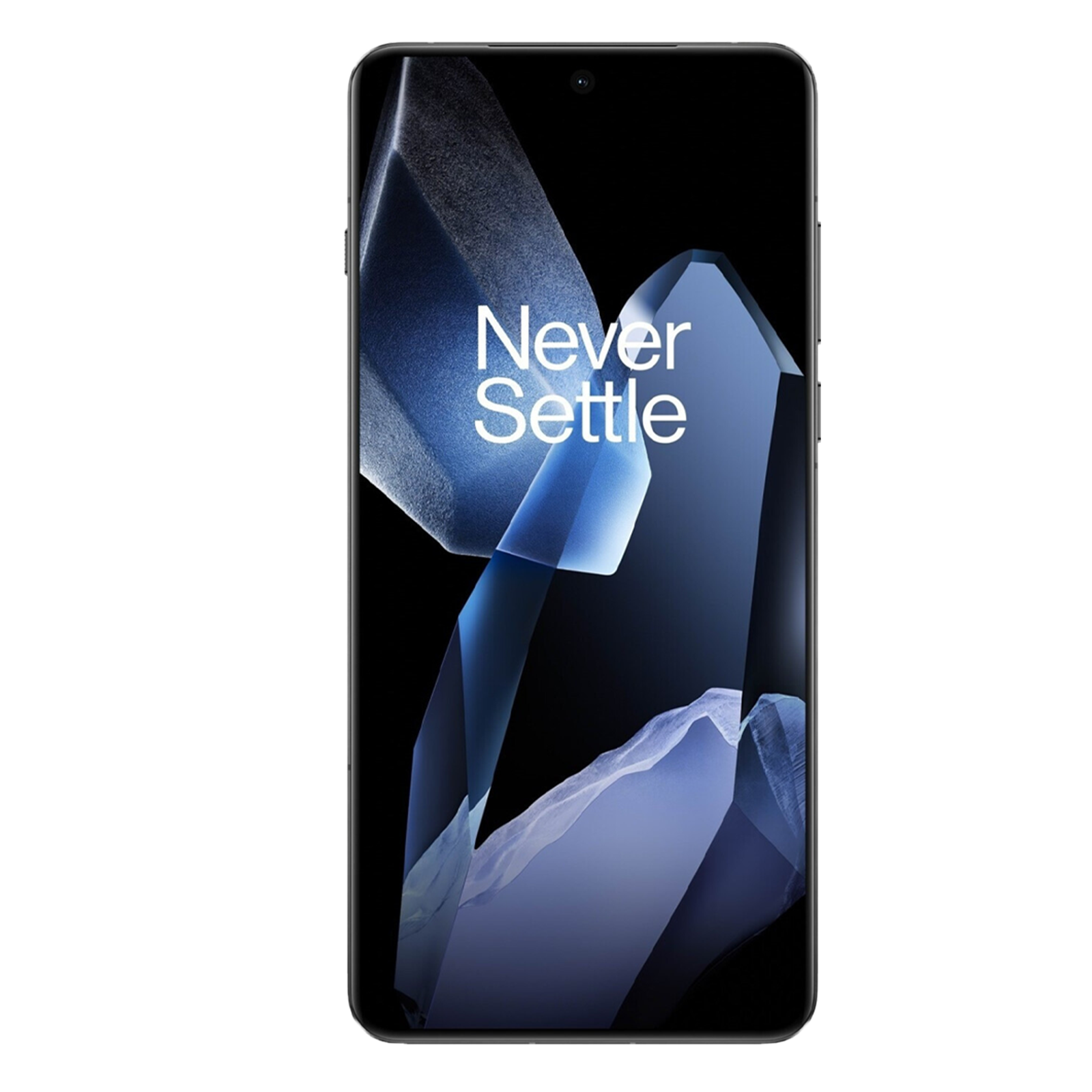 Een smartphone met een donkere achtergrond en abstracte blauwe kristalvormen.