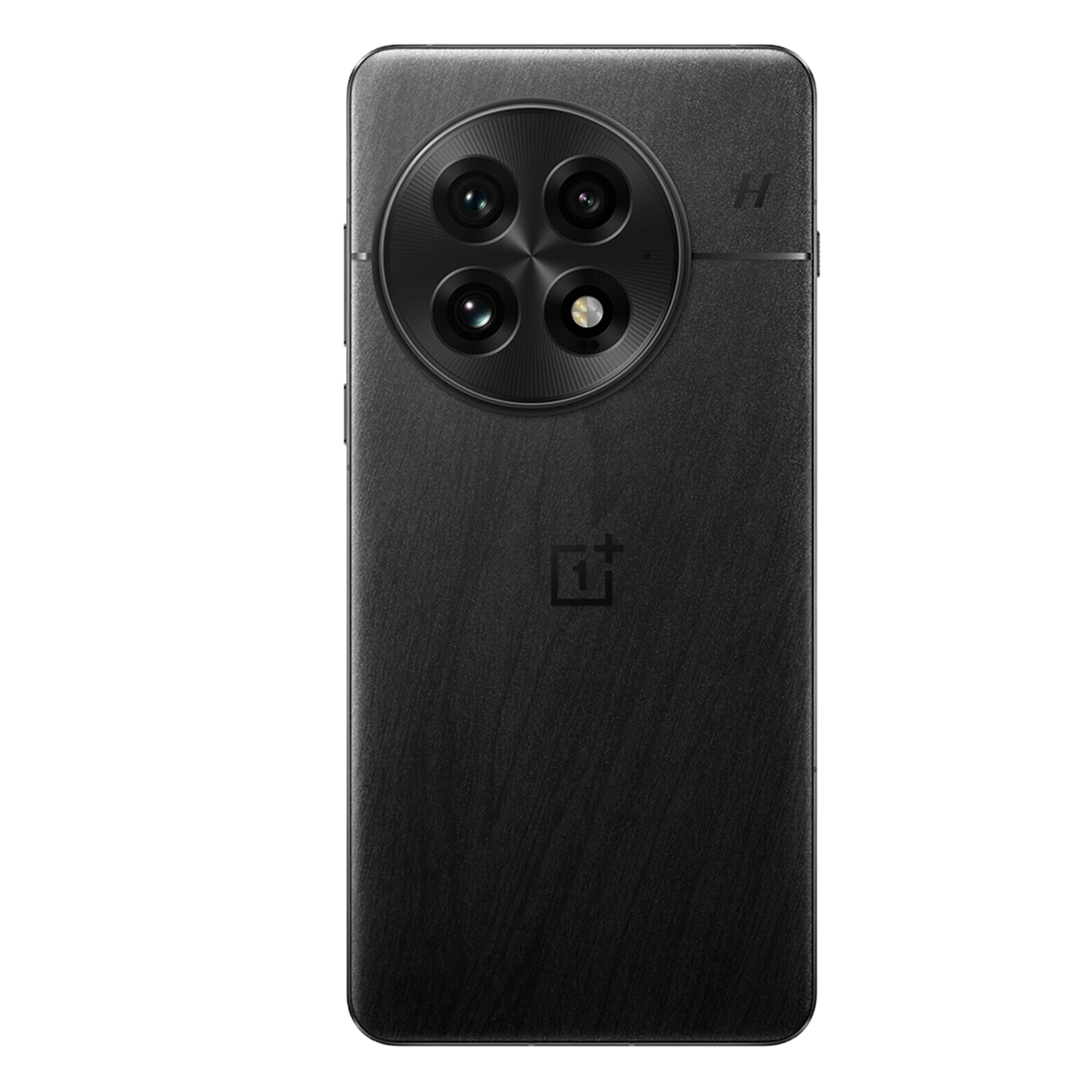 Achterkant van een zwarte smartphone met vier camera's en logo.