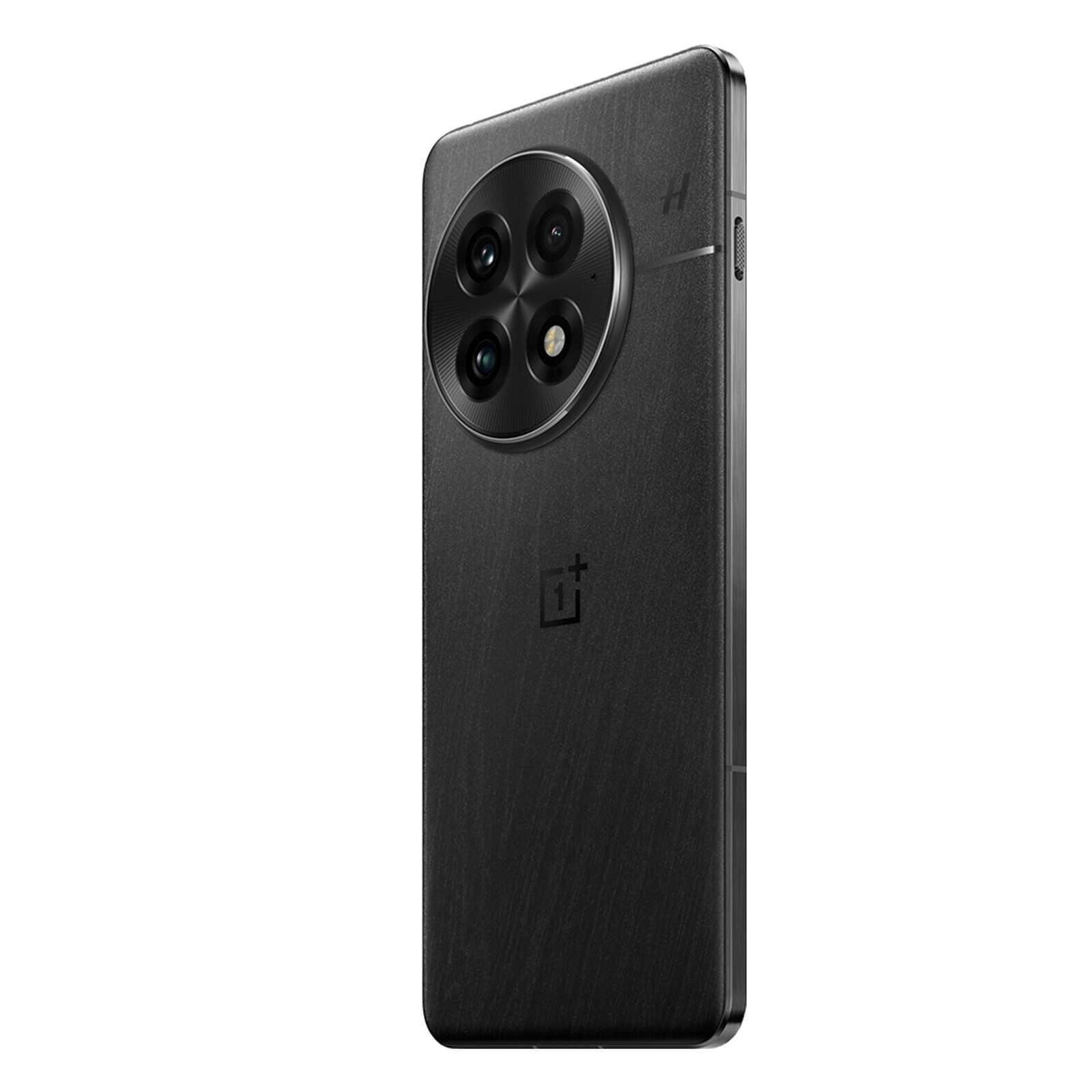 Achterkant van een donkere smartphone met vier camera's en logo.