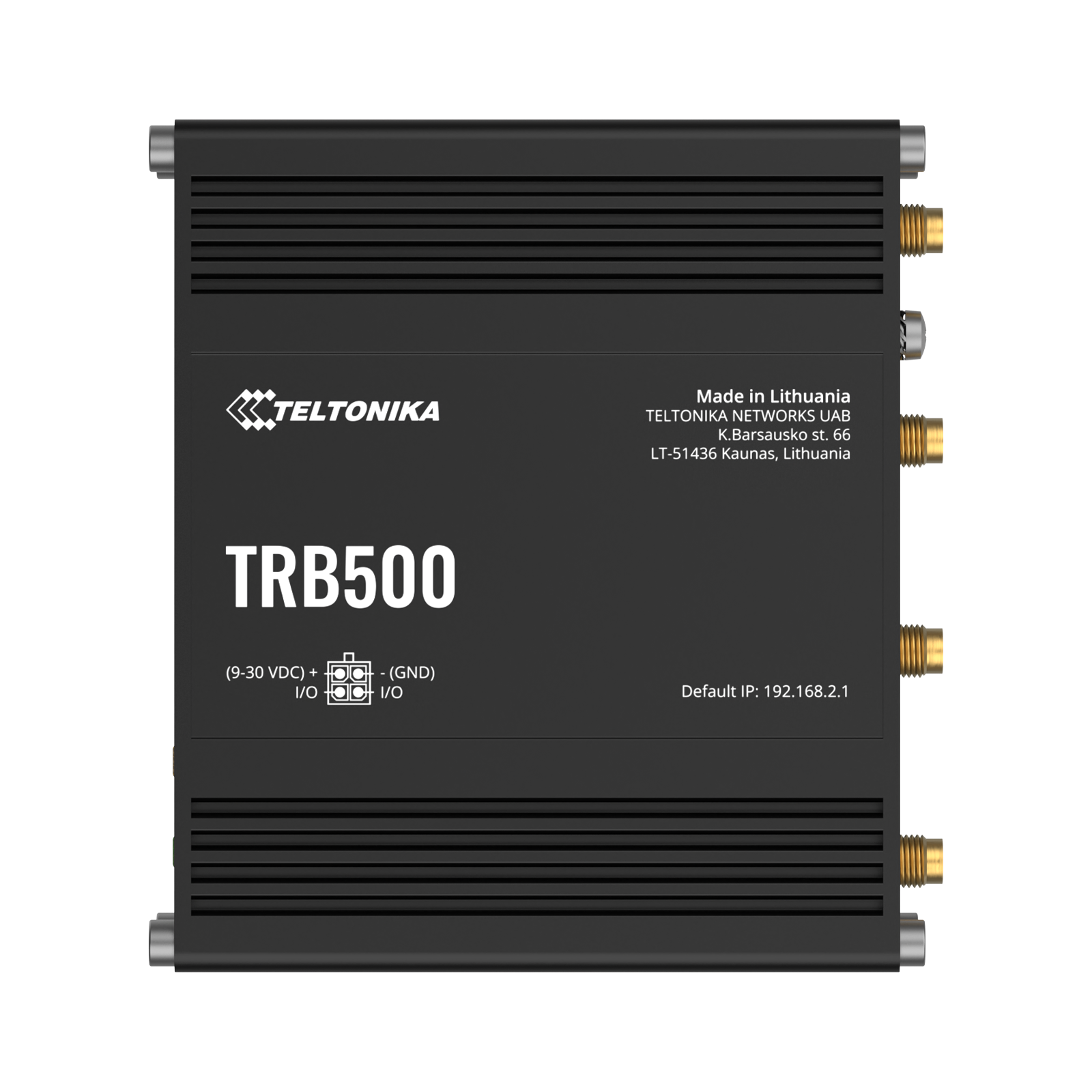 Appareil noir Teltonika TRB500 avec connecteurs et étiquettes.
