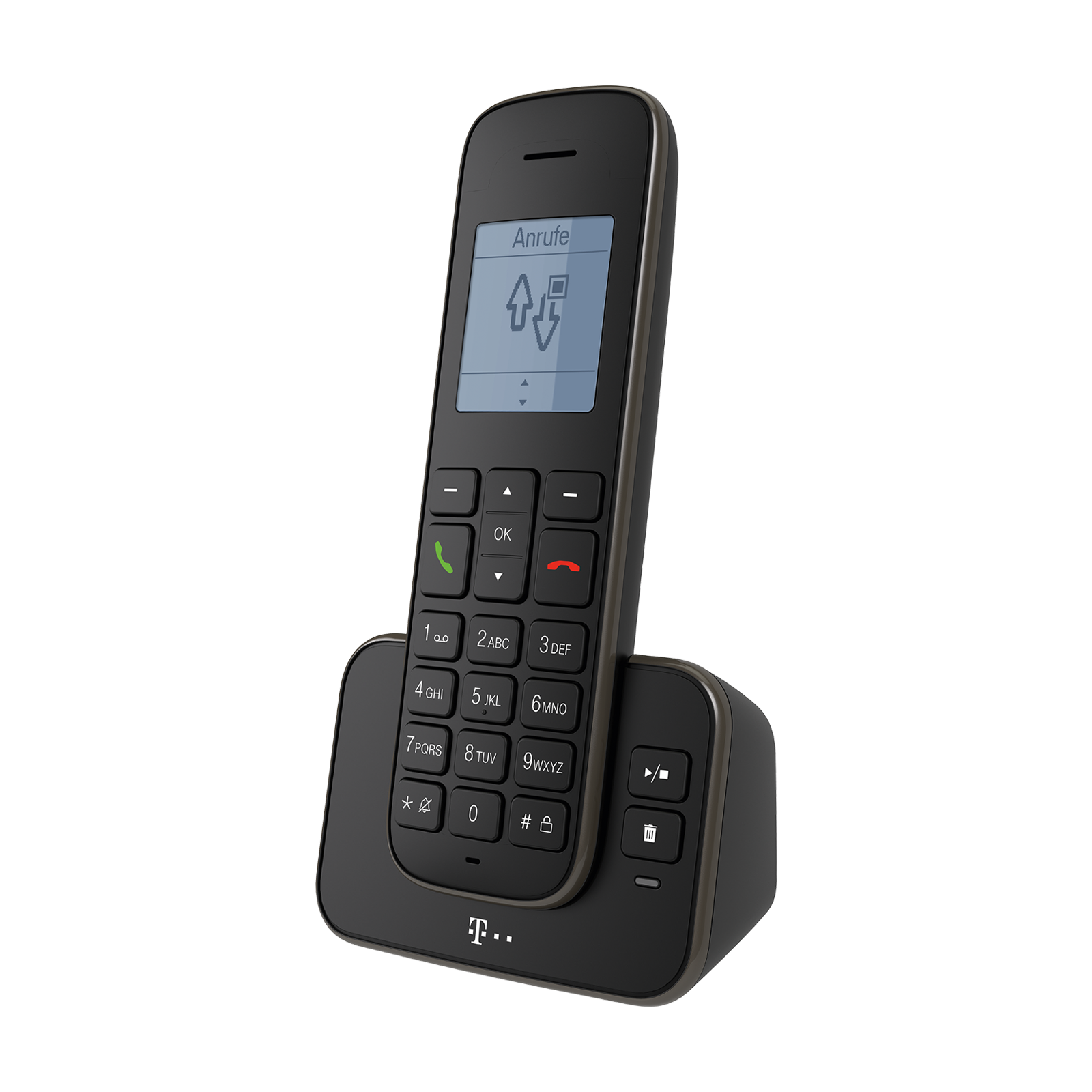 Un téléphone sans fil noir sur une base de chargement avec logo T-Mobile.