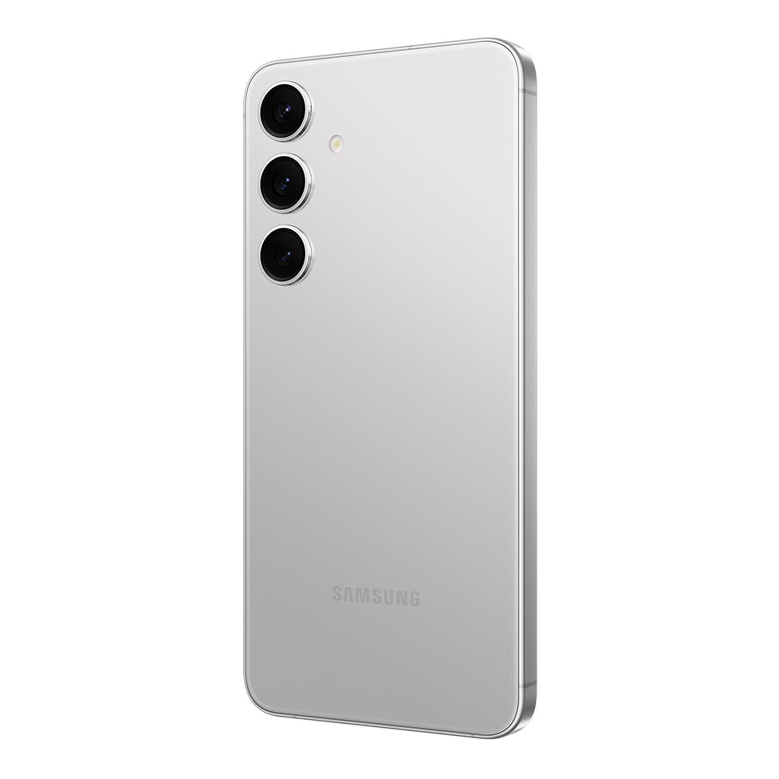 Tył srebrnego smartfona Samsung z trzema aparatami i logo Samsung.